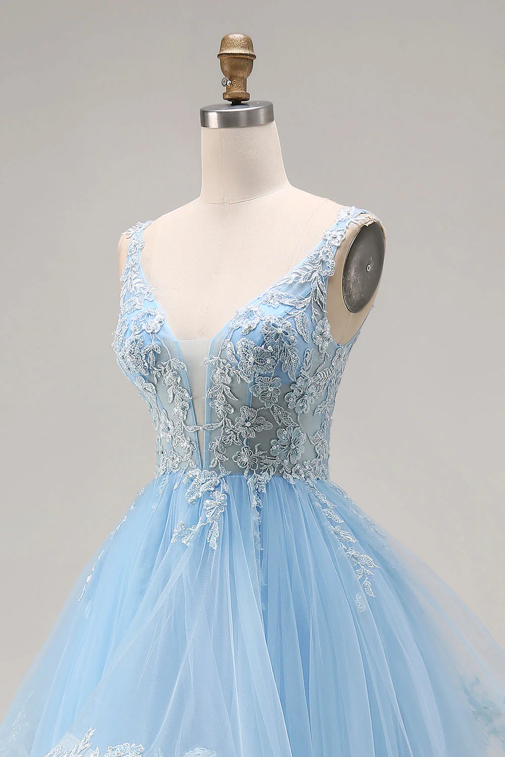 Princess Sky Blue Organza V Neck Appliqued Ruffled Long Prom Dress - Image 6