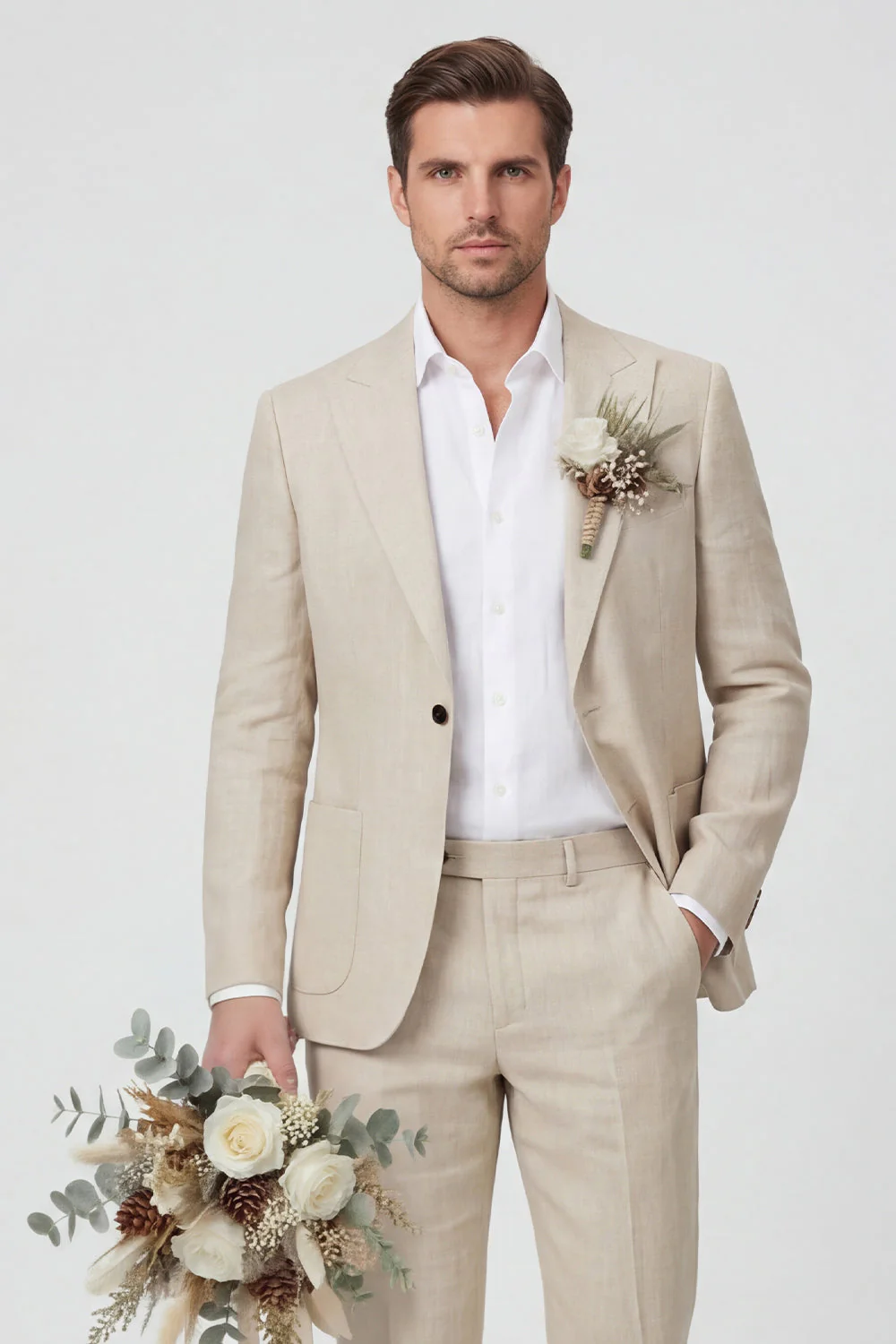 Beige Peak Lapel Slim Fit 2 Piece Men's Wedding Suits - Image 2