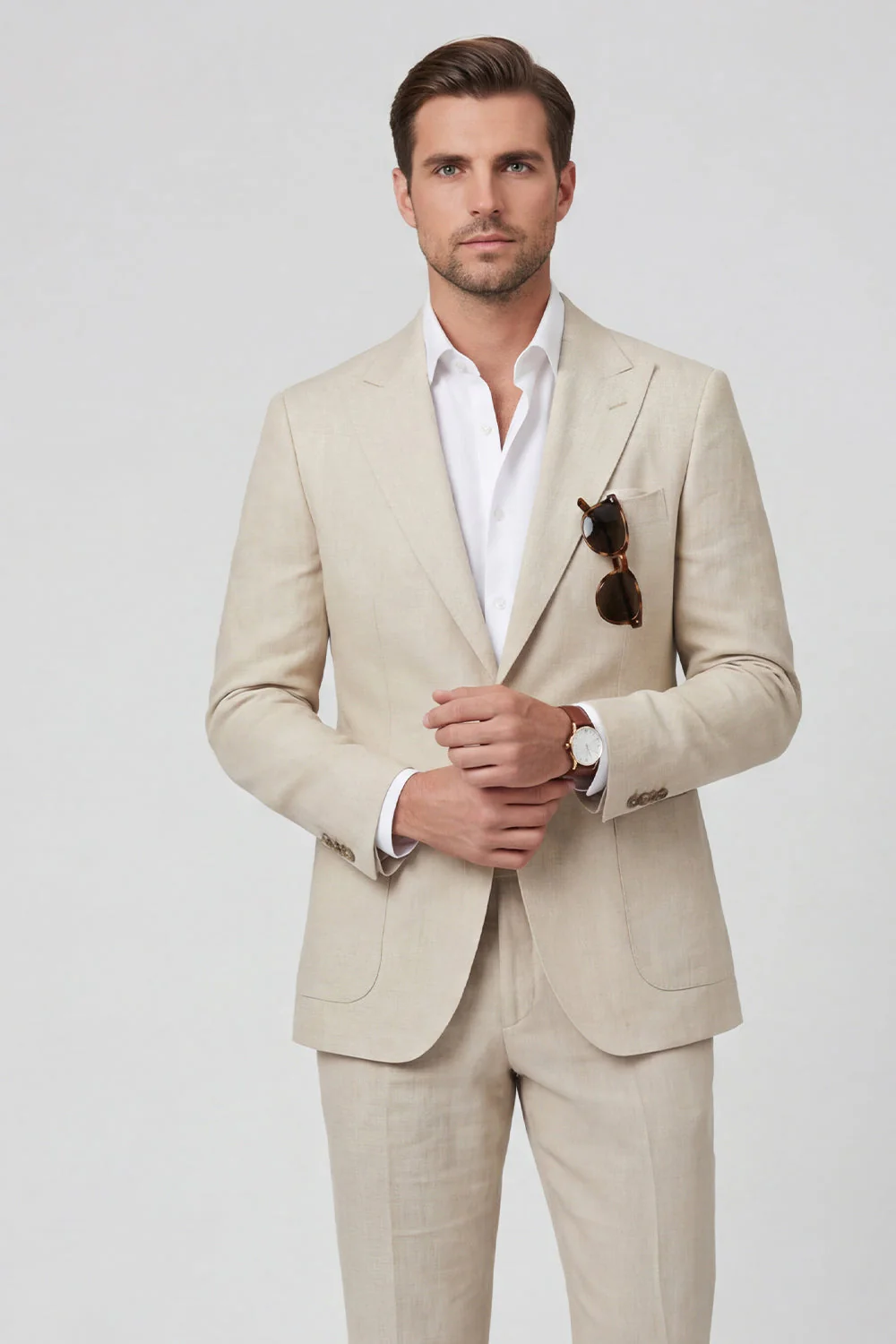 Beige Peak Lapel Slim Fit 2 Piece Men's Wedding Suits - Image 3