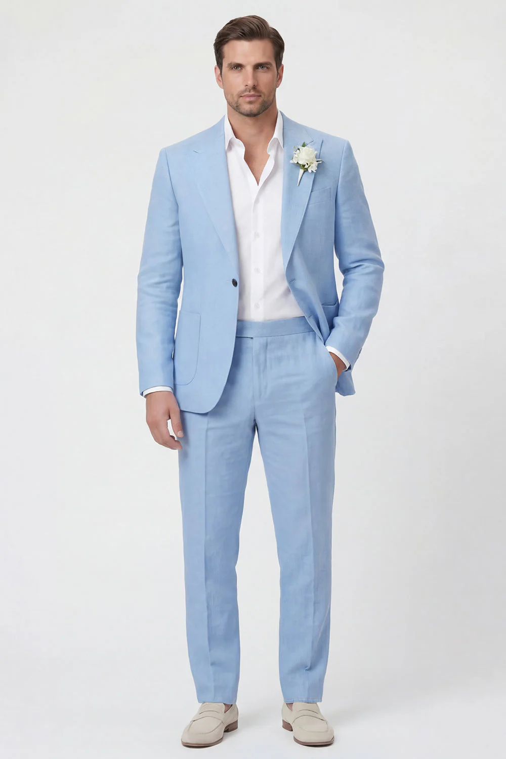 Beige Peak Lapel Slim Fit 2 Piece Men's Wedding Suits - Image 4