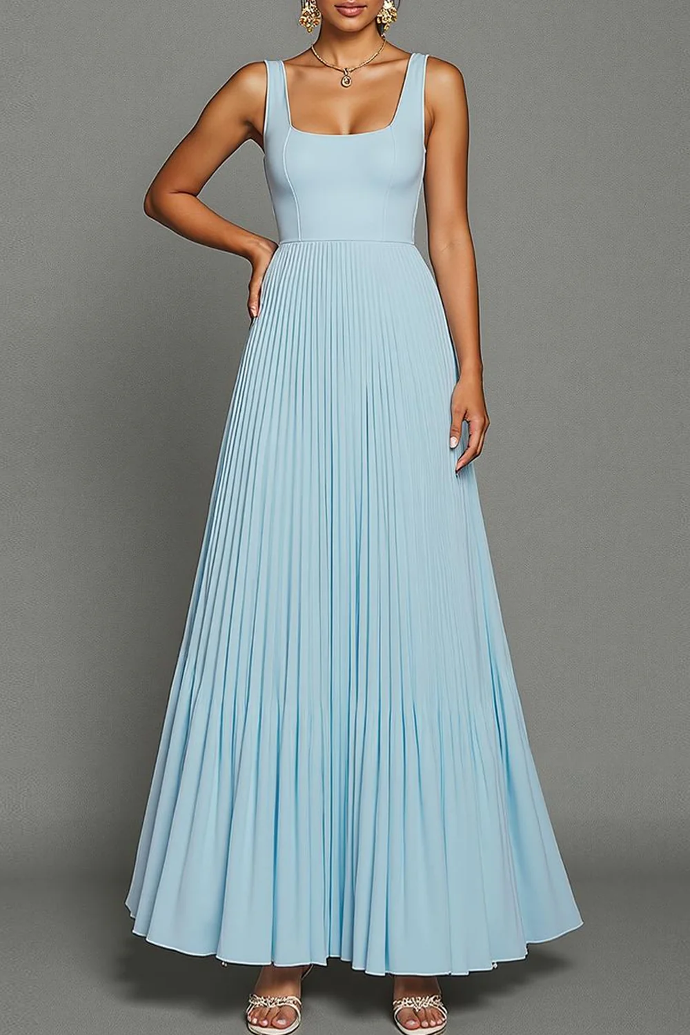 Sky Blue Pleated A Line Long Formal Dress - Image 4