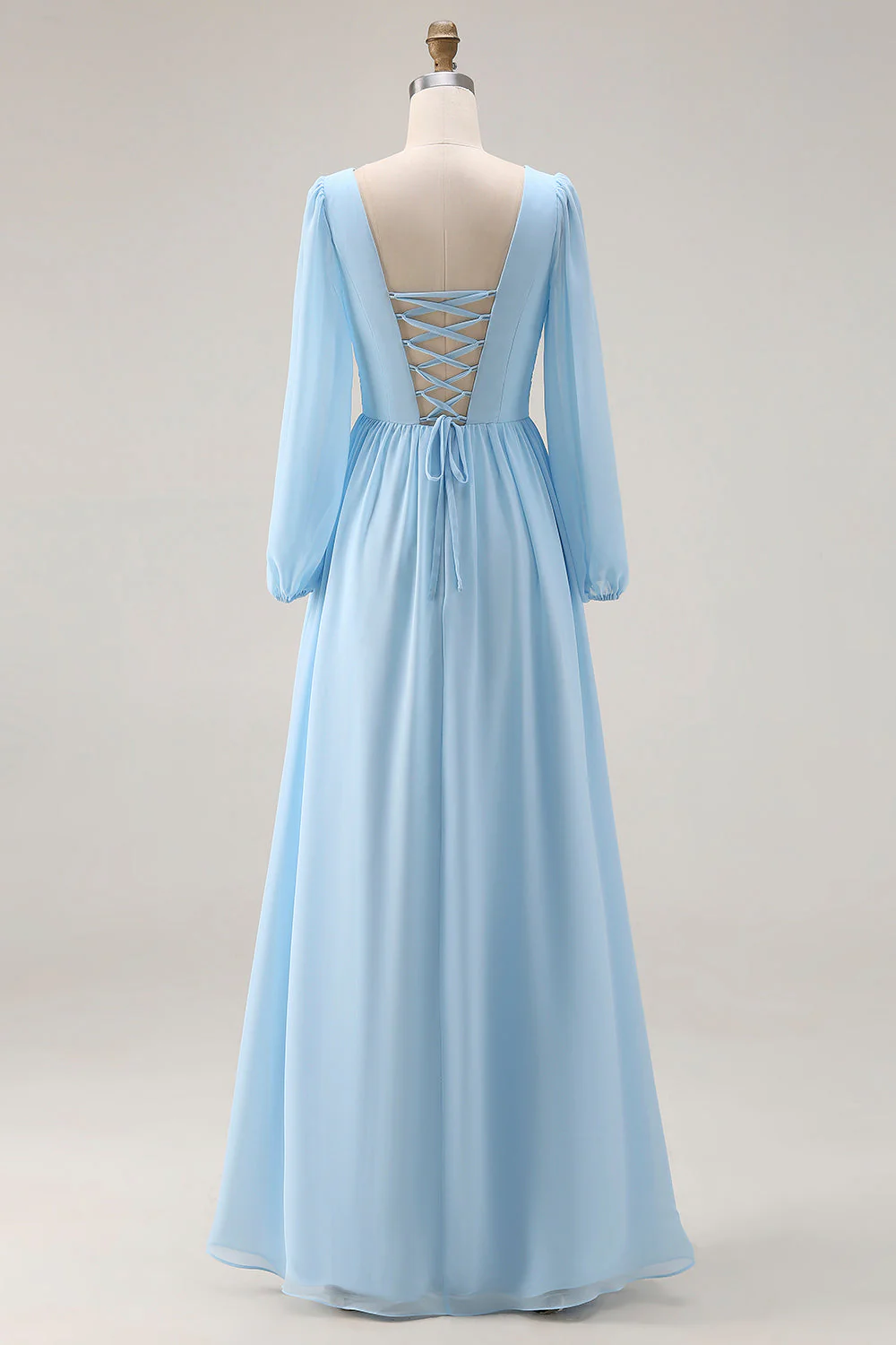 Sky Blue Ruched A-Line V Neck Long Sleeves Bridesmaid Dress with Slit - Image 2