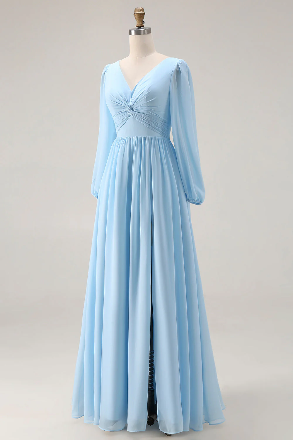 Sky Blue Ruched A-Line V Neck Long Sleeves Bridesmaid Dress with Slit - Image 3