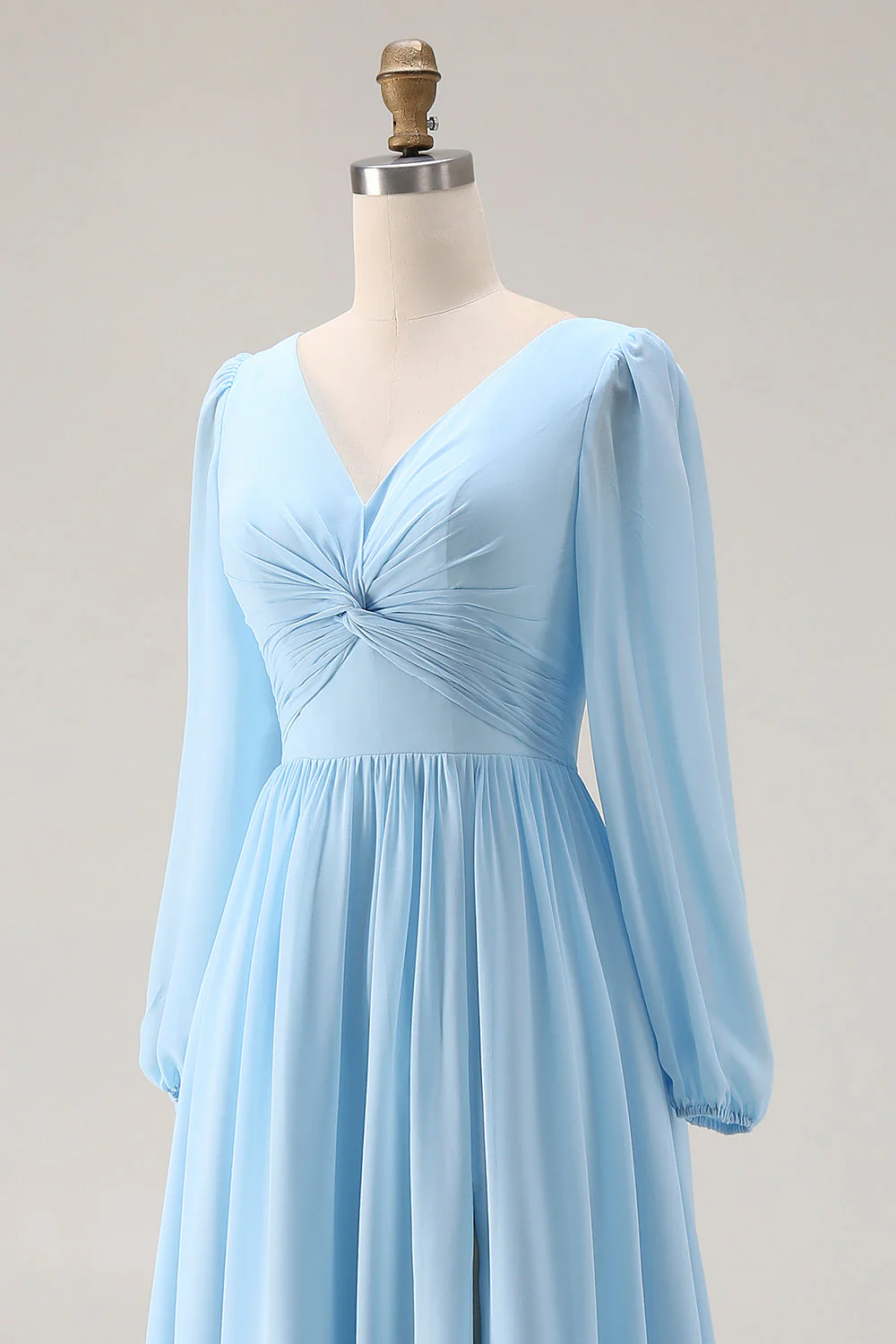 Sky Blue Ruched A-Line V Neck Long Sleeves Bridesmaid Dress with Slit - Image 4