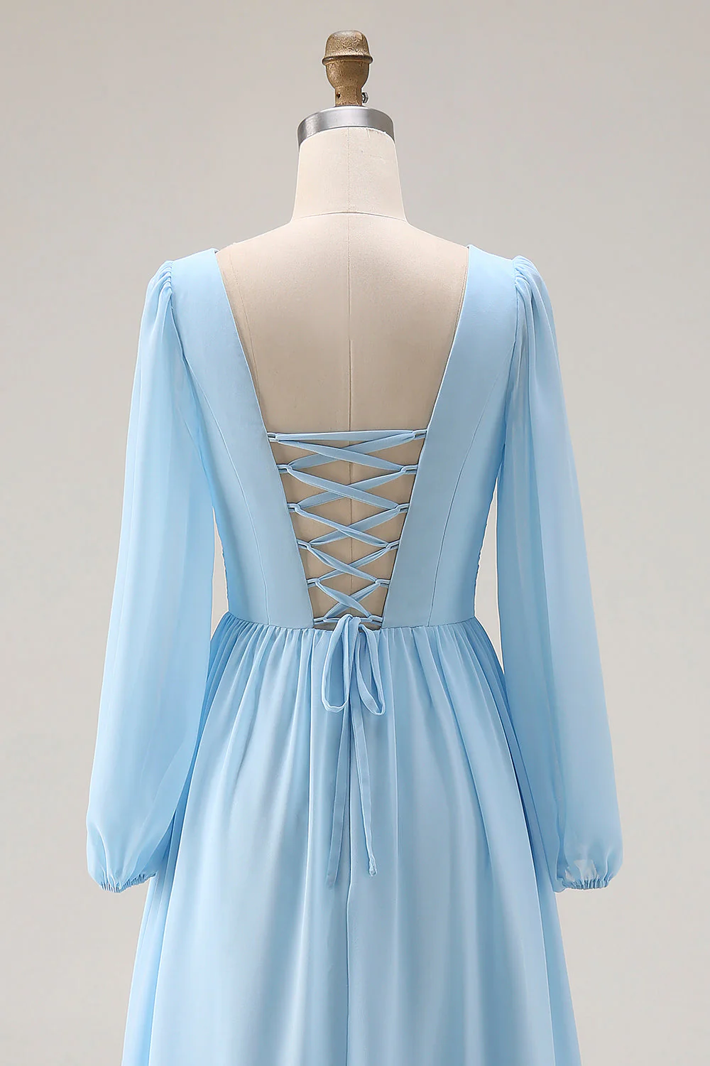 Sky Blue Ruched A-Line V Neck Long Sleeves Bridesmaid Dress with Slit - Image 5