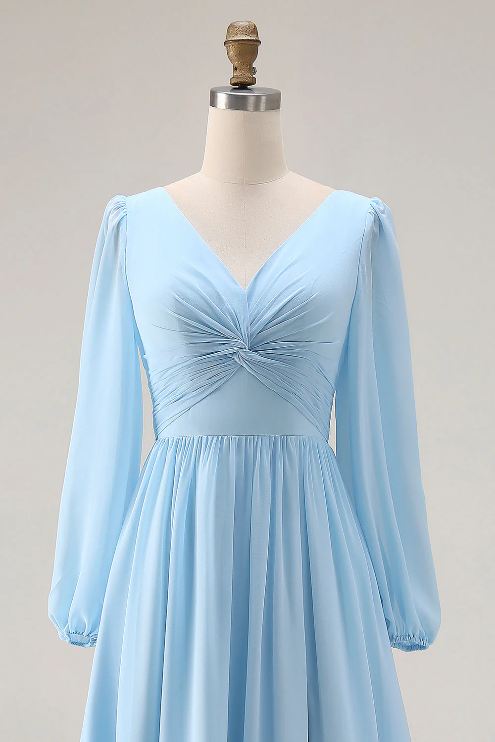 Sky Blue Ruched A-Line V Neck Long Sleeves Bridesmaid Dress with Slit - Image 6