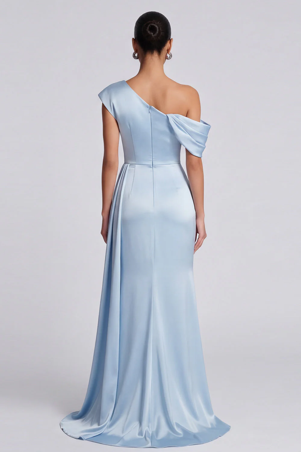 Mermaid Sky Blue Ruched Asymmetrical Neck Maxi Dress with Slit - Image 2