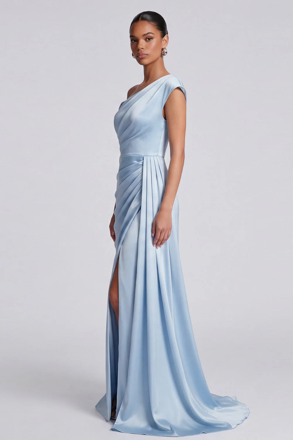 Mermaid Sky Blue Ruched Asymmetrical Neck Maxi Dress with Slit - Image 3