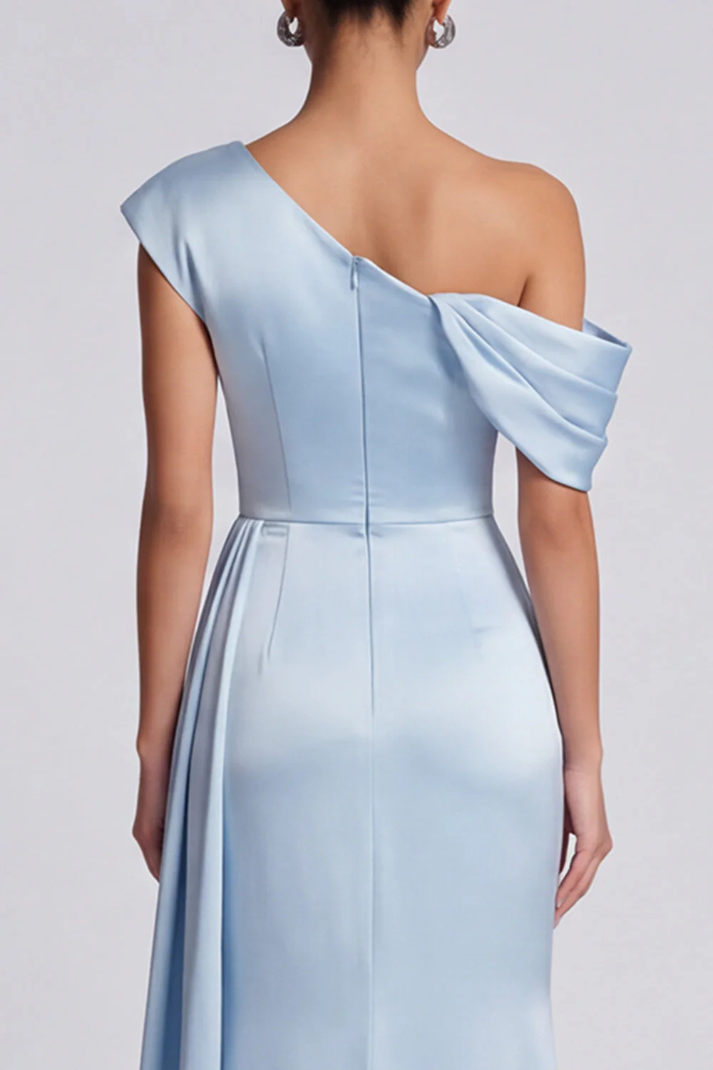 Mermaid Sky Blue Ruched Asymmetrical Neck Maxi Dress with Slit - Image 5