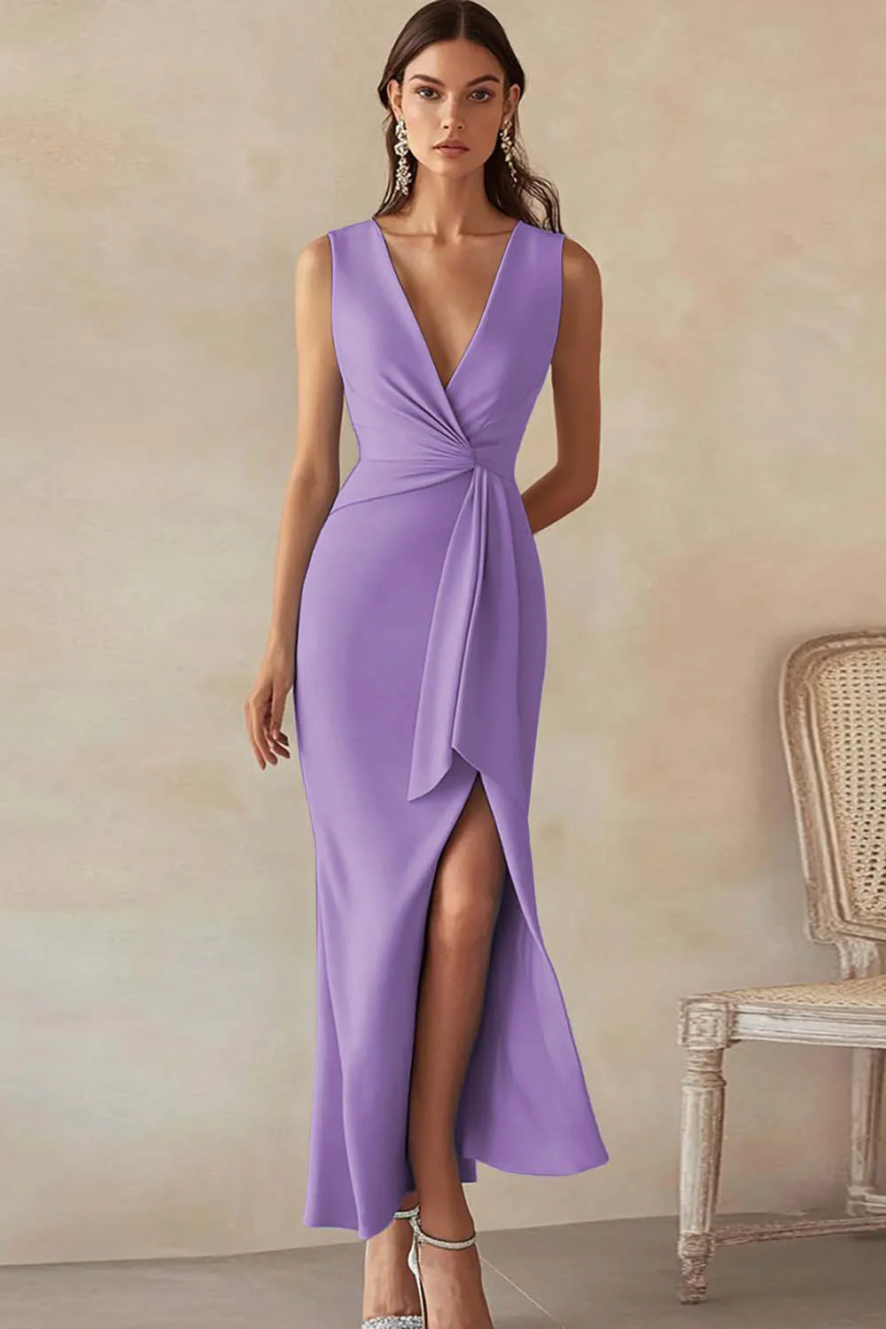 Sky Blue Satin V-Neck Long Formal Dress with Slit - Image 10
