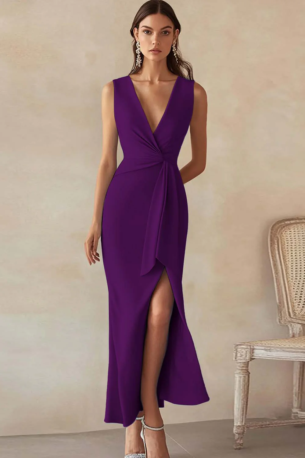 Sky Blue Satin V-Neck Long Formal Dress with Slit - Image 11