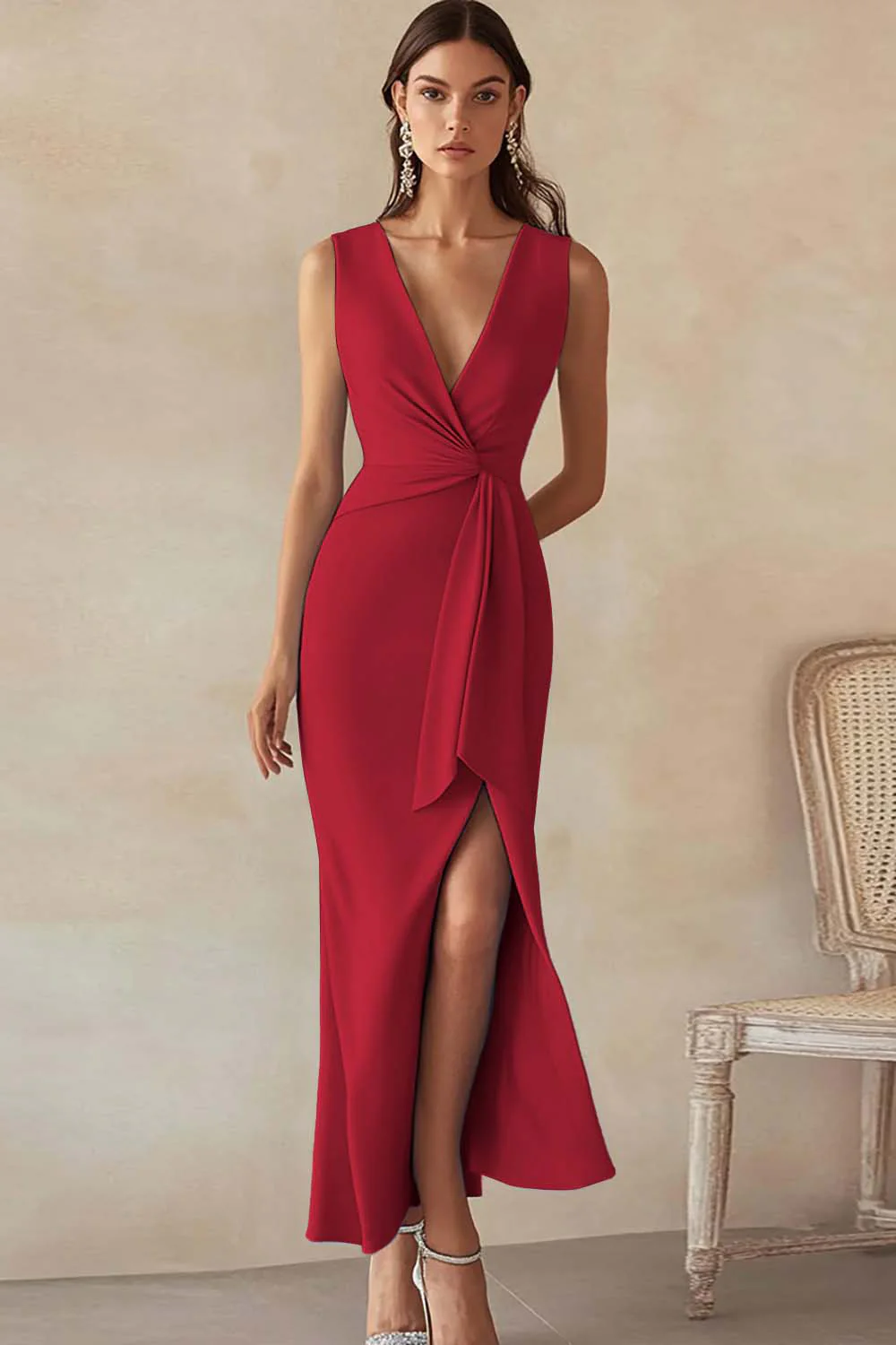 Sky Blue Satin V-Neck Long Formal Dress with Slit - Image 12