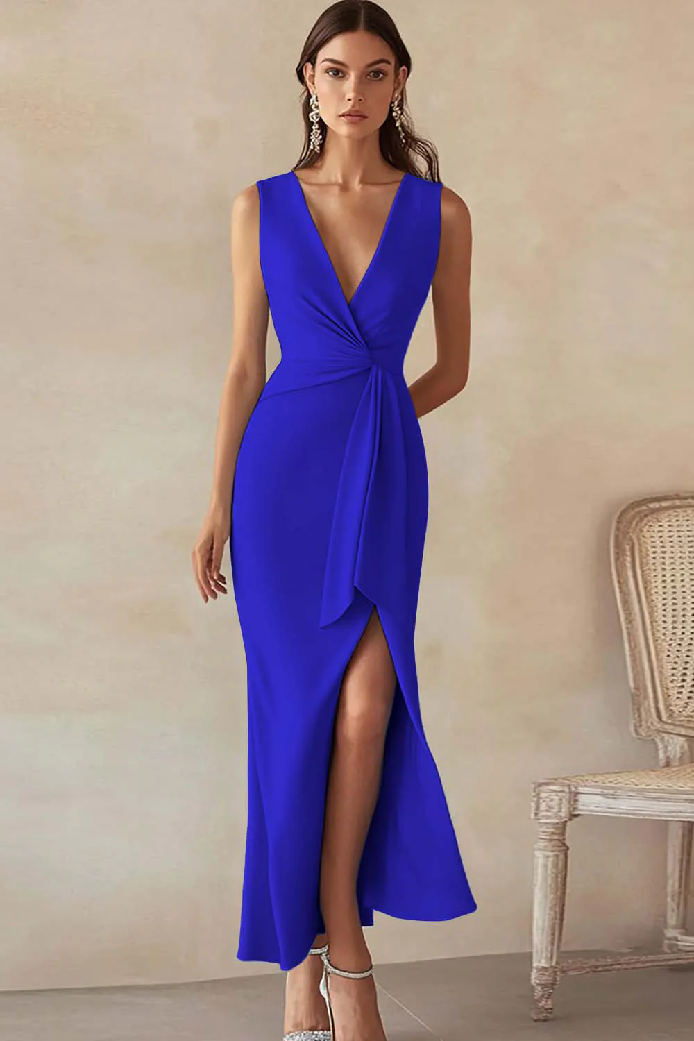 Sky Blue Satin V-Neck Long Formal Dress with Slit - Image 13
