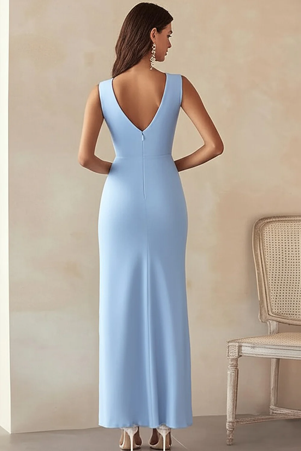 Sky Blue Satin V-Neck Long Formal Dress with Slit - Image 2