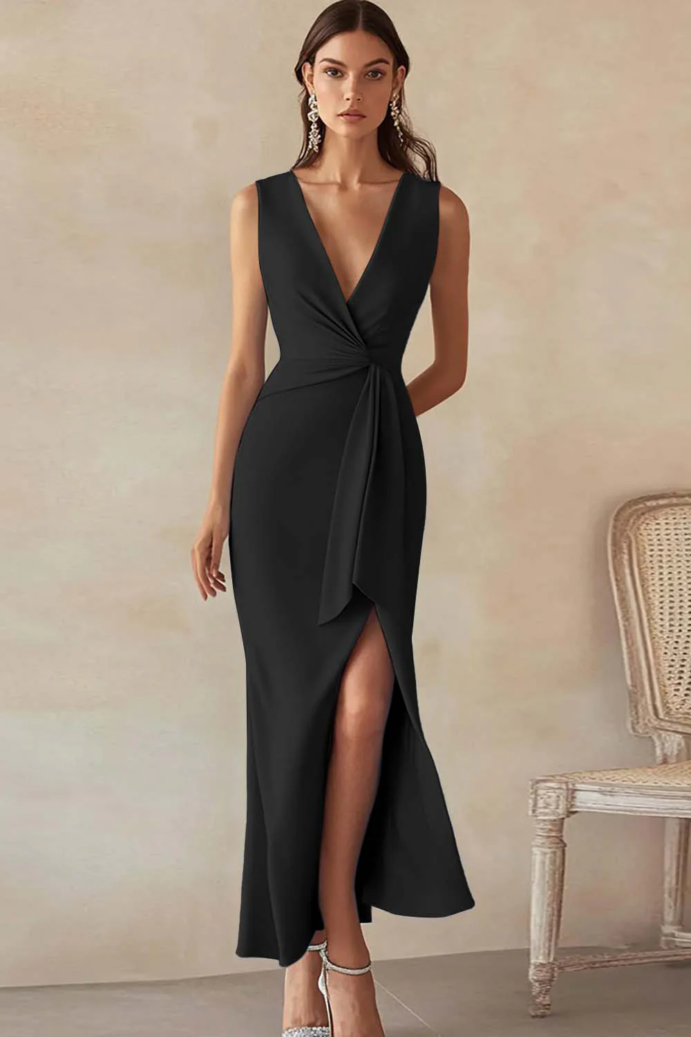 Sky Blue Satin V-Neck Long Formal Dress with Slit - Image 4
