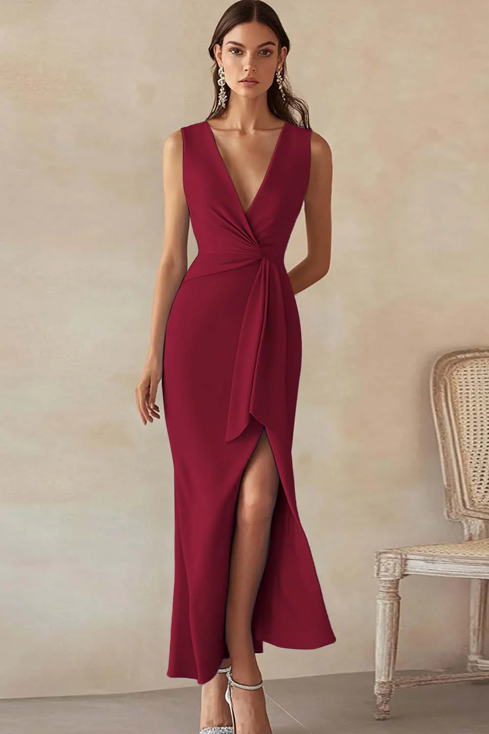 Sky Blue Satin V-Neck Long Formal Dress with Slit - Image 5
