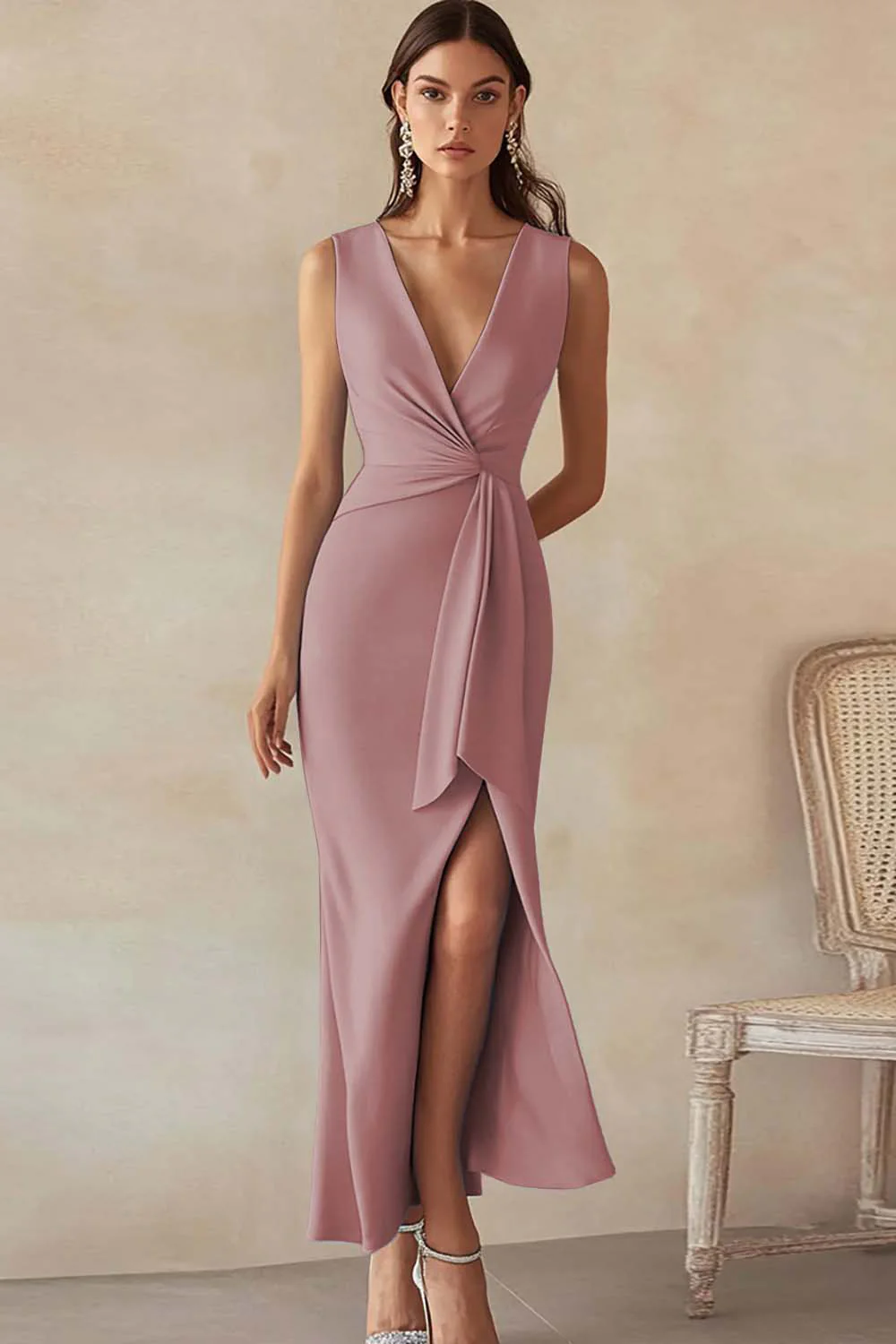 Sky Blue Satin V-Neck Long Formal Dress with Slit - Image 8