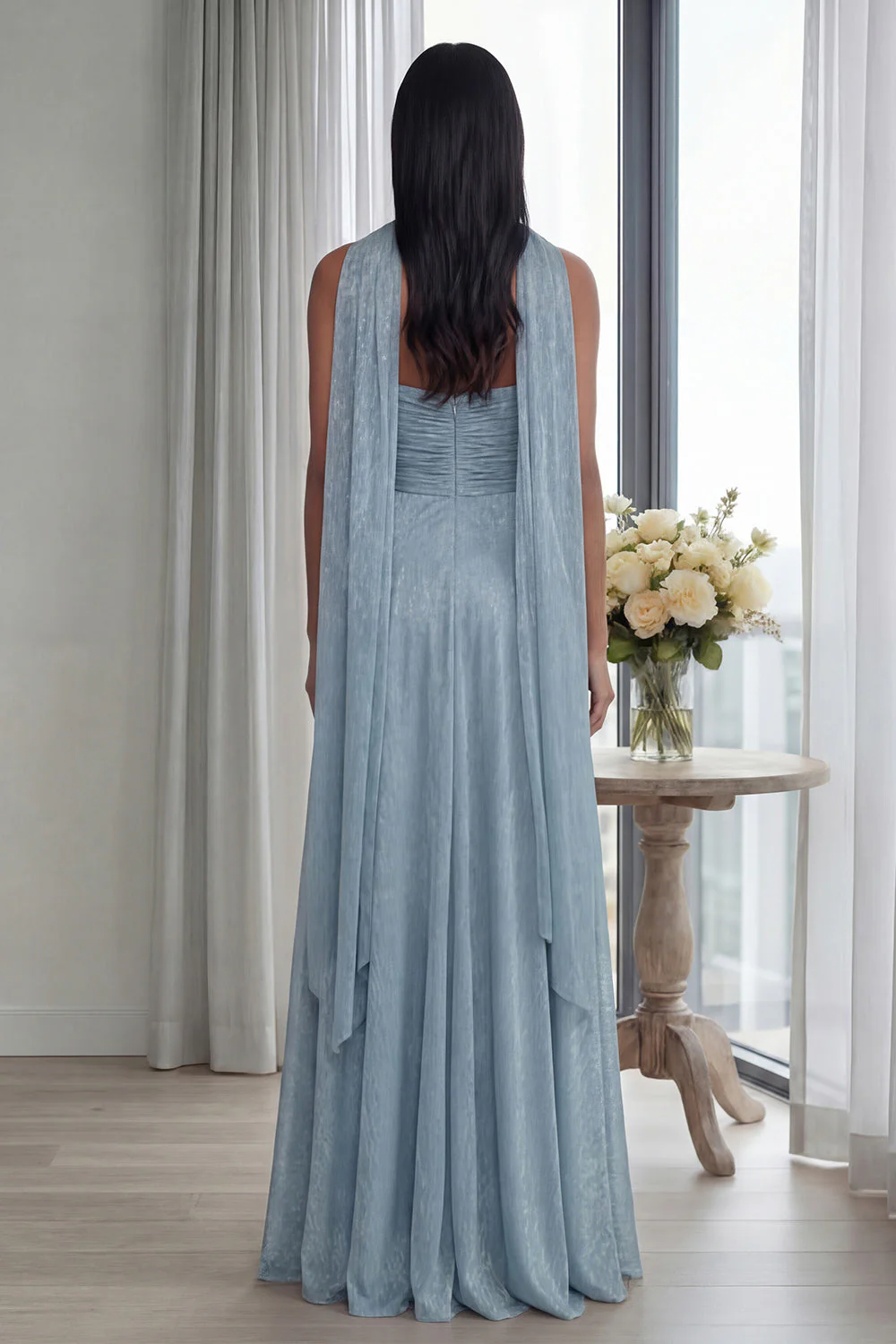 Strapless A Line Pleated Sky Blue Long Evening Dress with a Neck Scarf - Image 2