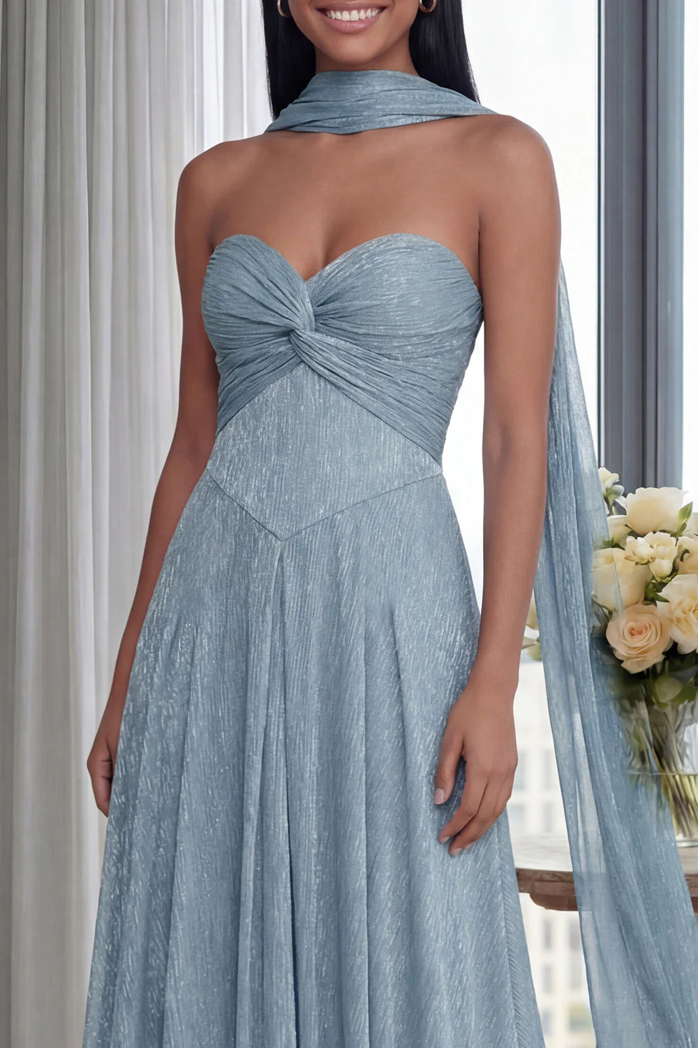 Strapless A Line Pleated Sky Blue Long Evening Dress with a Neck Scarf - Image 3