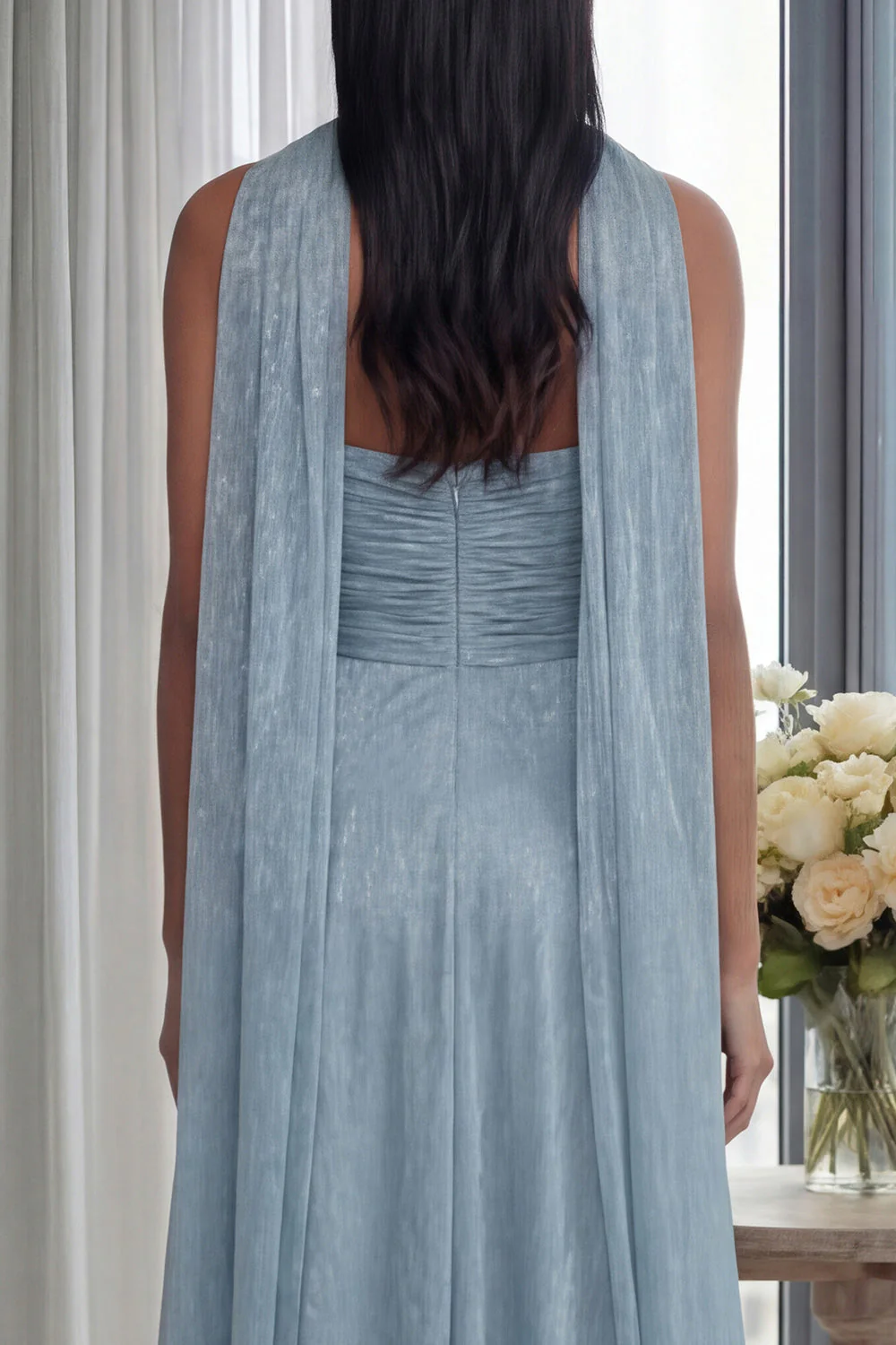 Strapless A Line Pleated Sky Blue Long Evening Dress with a Neck Scarf - Image 4