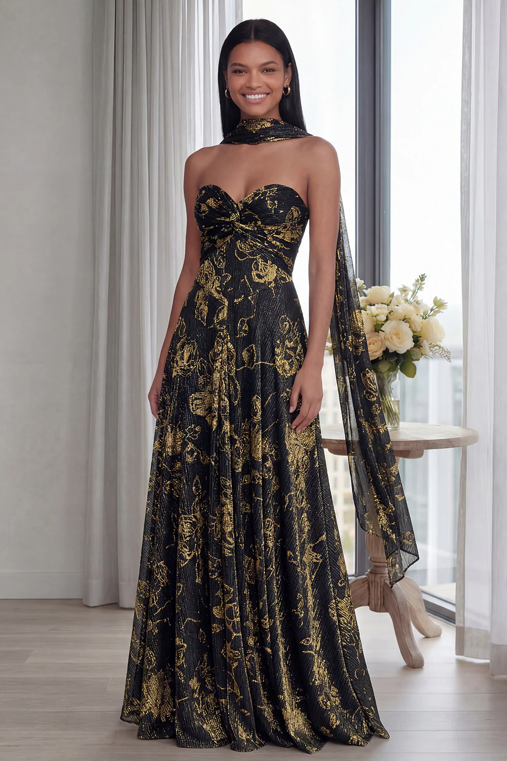 Strapless A Line Pleated Sky Blue Long Evening Dress with a Neck Scarf - Image 5