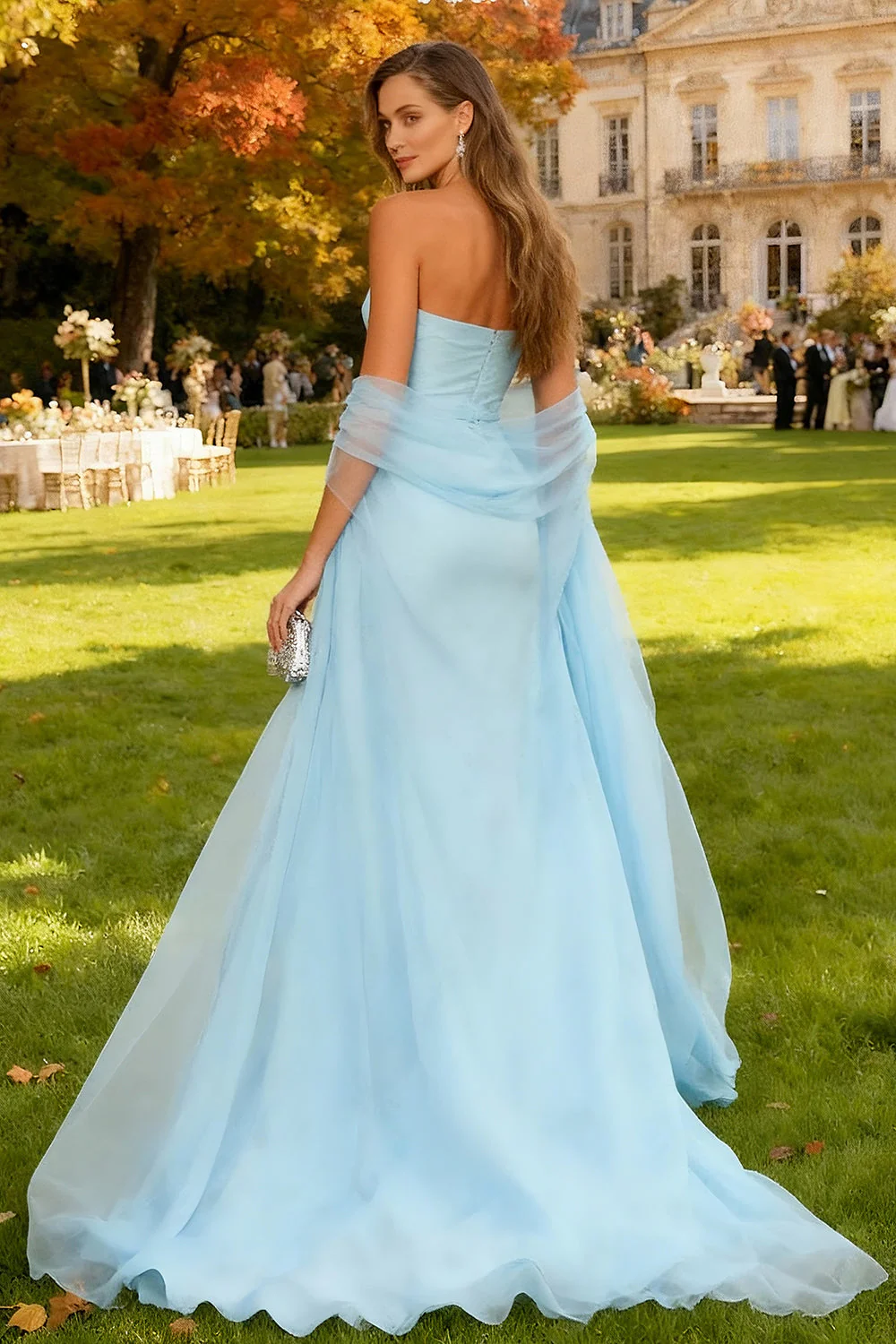 Sky Blue Strapless Mermaid Long Formal Dress with Belt - Image 2