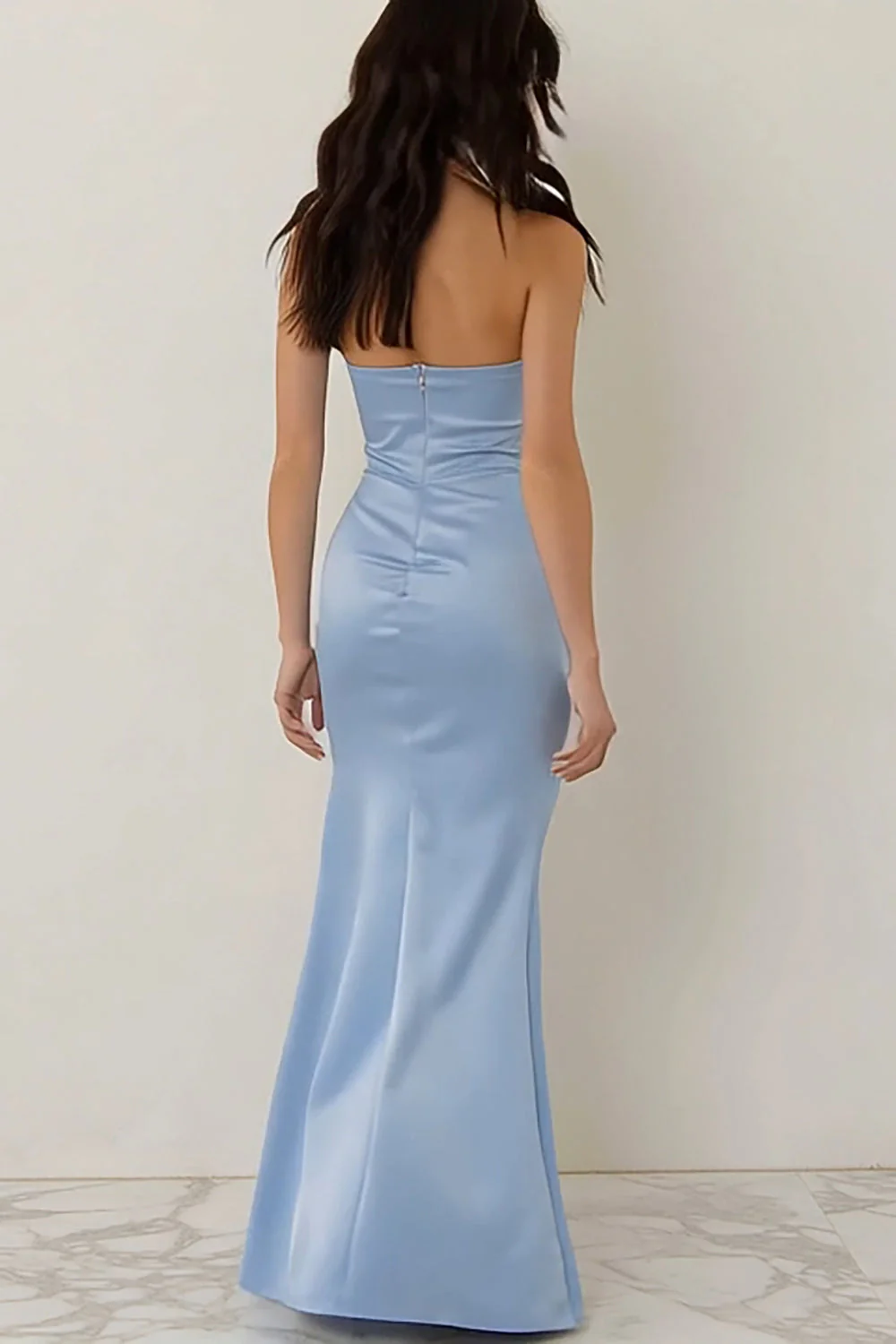 Sky Blue Strapless Sheath Long Bridesmaid Dress with Slit - Image 2