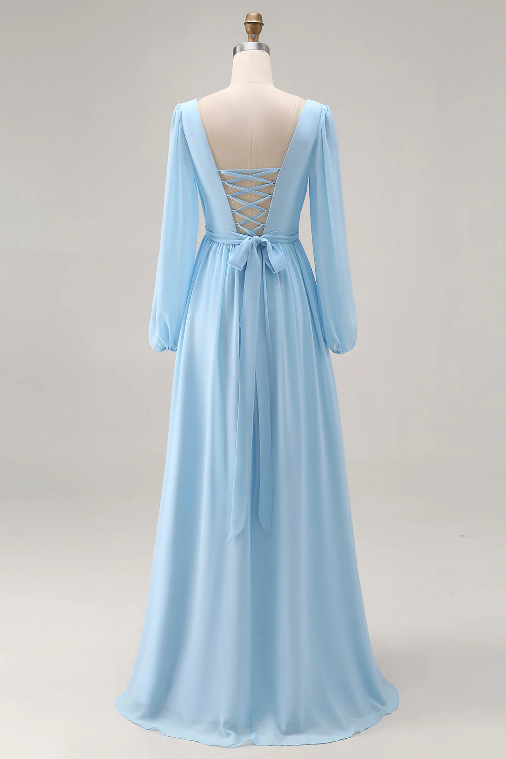 Sky Blue A Line Long Sleeves Ruched Bridesmaid Dress with Slit - Image 2