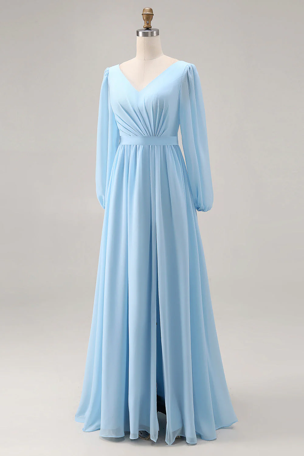 Sky Blue A Line Long Sleeves Ruched Bridesmaid Dress with Slit - Image 3