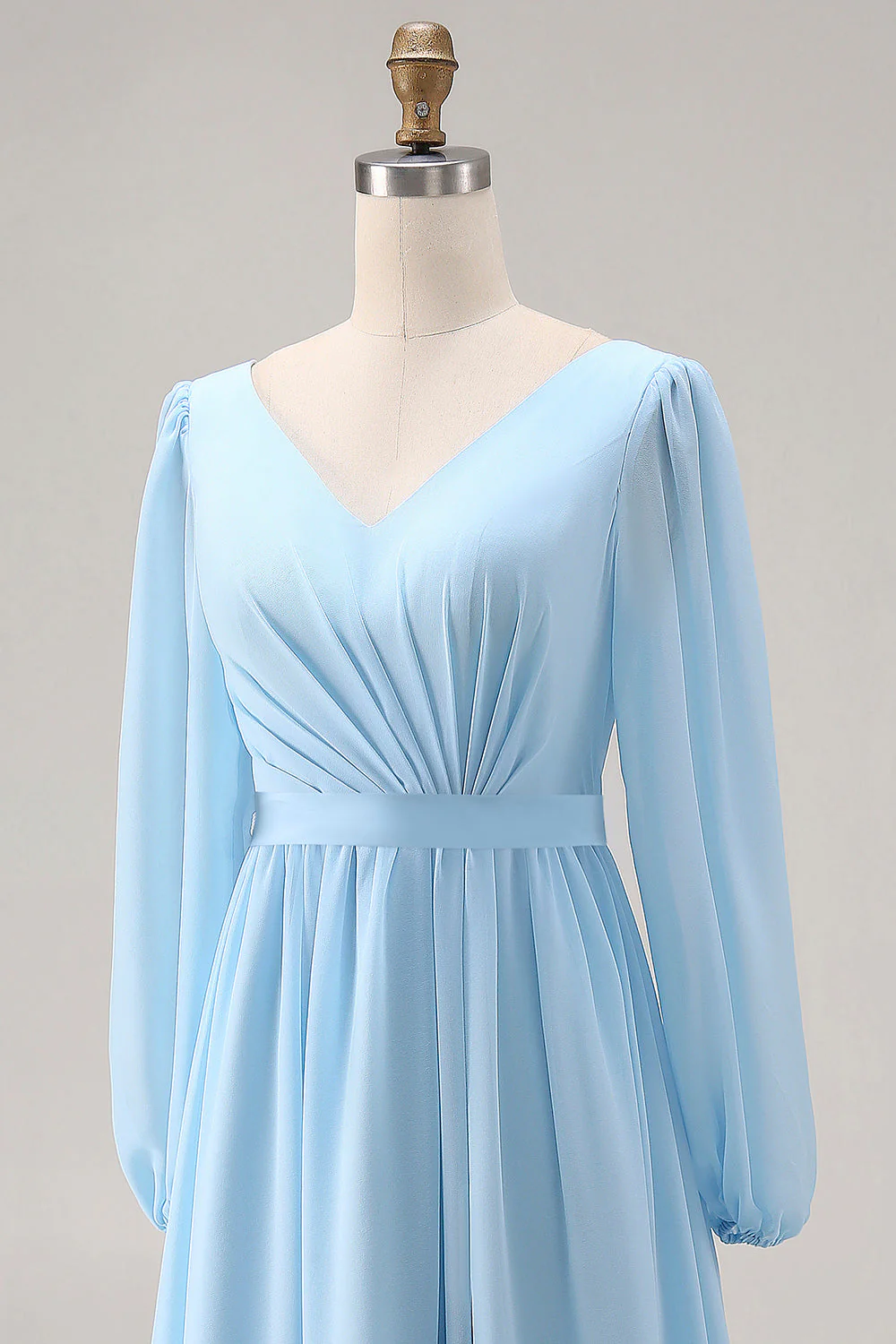 Sky Blue A Line Long Sleeves Ruched Bridesmaid Dress with Slit - Image 4