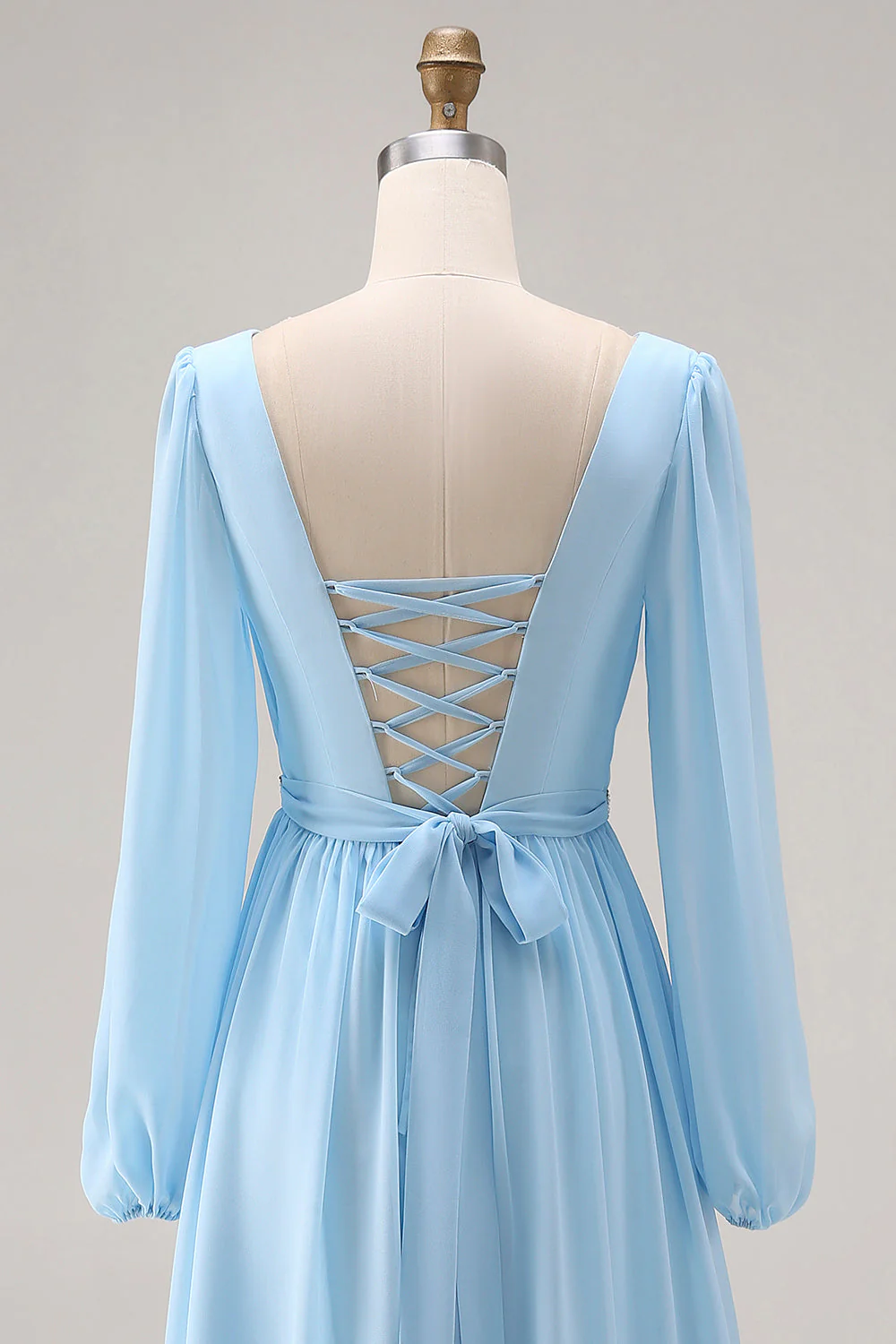Sky Blue A Line Long Sleeves Ruched Bridesmaid Dress with Slit - Image 5