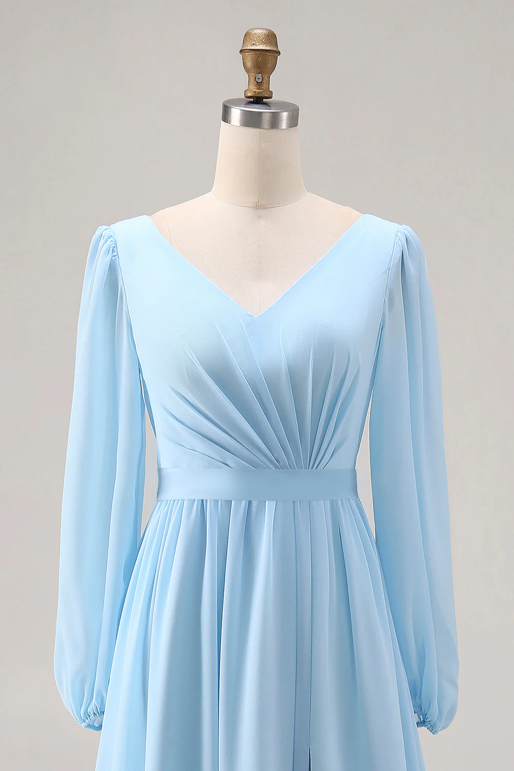 Sky Blue A Line Long Sleeves Ruched Bridesmaid Dress with Slit - Image 6