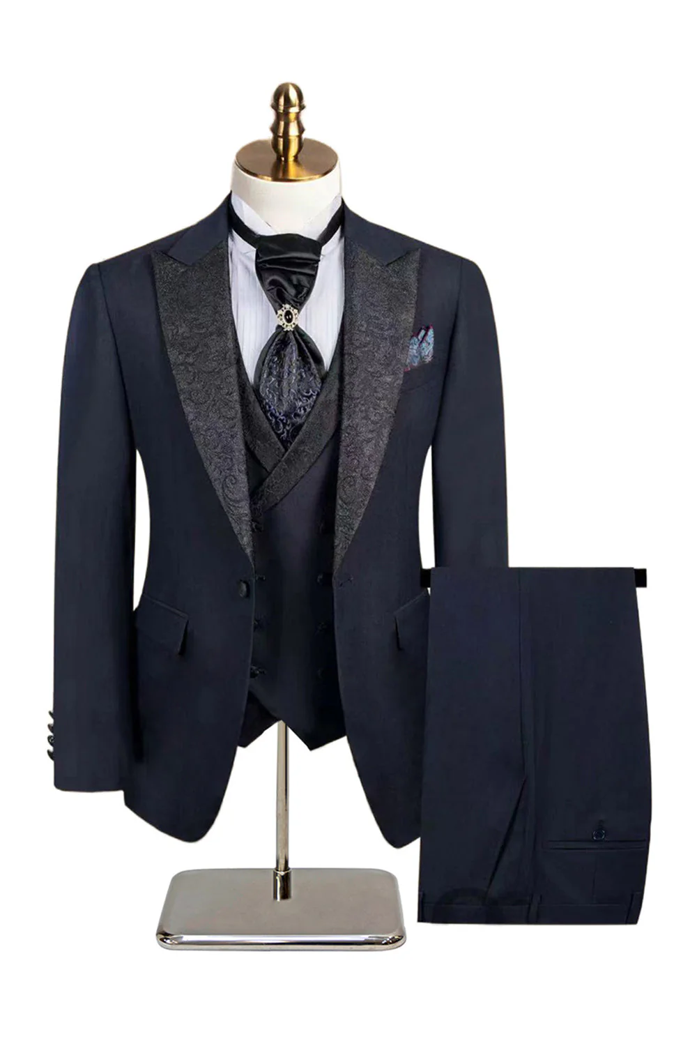 Slim Fit 3 Piece Peak Lapel Men's Black Suits - Image 8