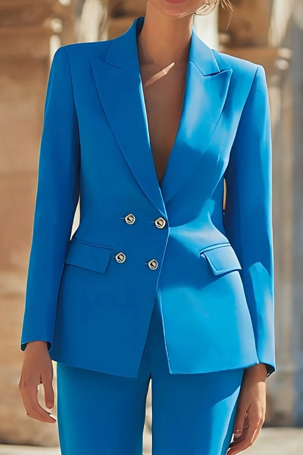 Slim Fit Blue 2 Piece Peak Lapel Double Breasted Women's Suits - Image 3