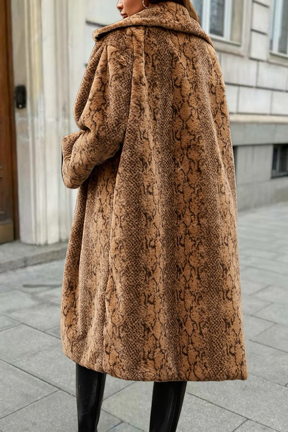 Snake Brown Faux Fur Thickened Shawl Lapel Women Coat - Image 2