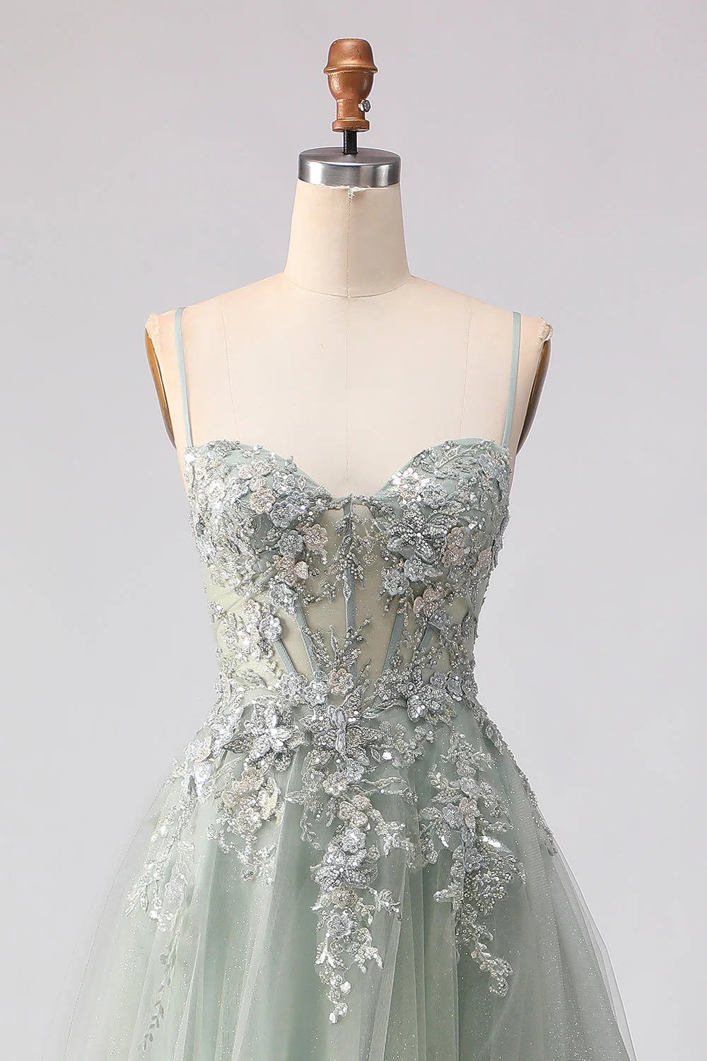 Sparkly A-Line Beaded Embroidered Peach Long Tulle Prom Dress with Slit - Image 11