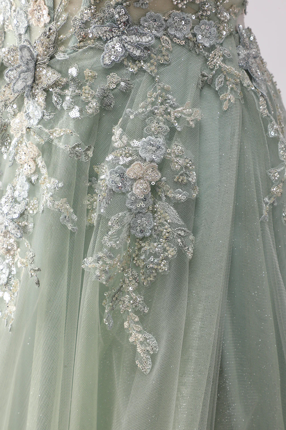 Sparkly A-Line Beaded Embroidered Peach Long Tulle Prom Dress with Slit - Image 12