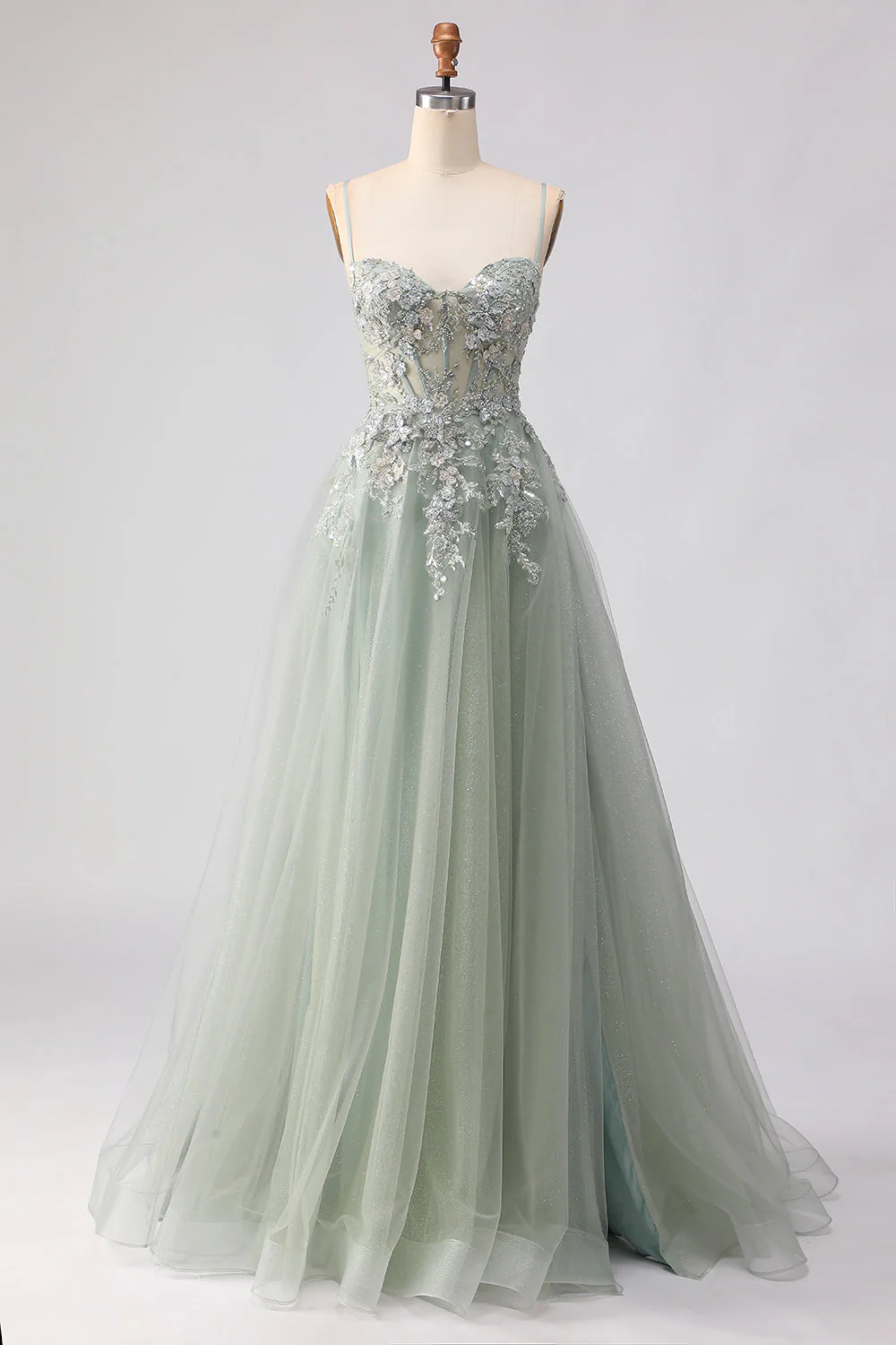 Sparkly A-Line Beaded Embroidered Peach Long Tulle Prom Dress with Slit - Image 7