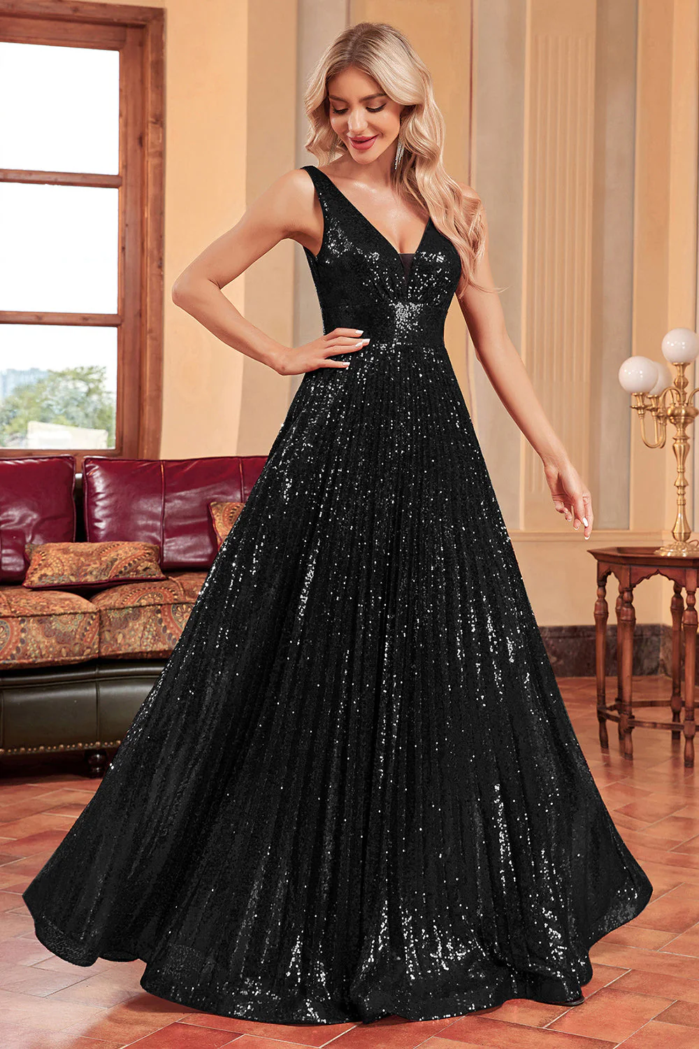 Sparkly A-Line Black V Neck Long Evening Dress with Sequins - Image 3