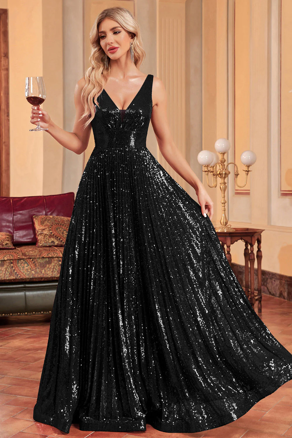 Sparkly A-Line Black V Neck Long Evening Dress with Sequins - Image 4