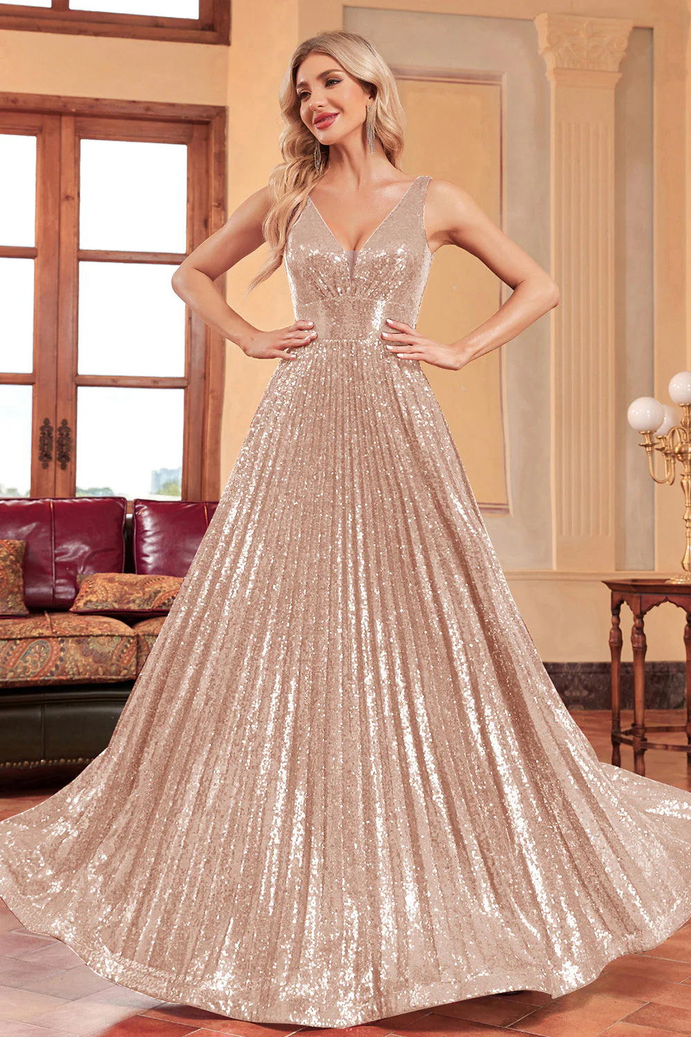 Sparkly A-Line Black V Neck Long Evening Dress with Sequins - Image 6