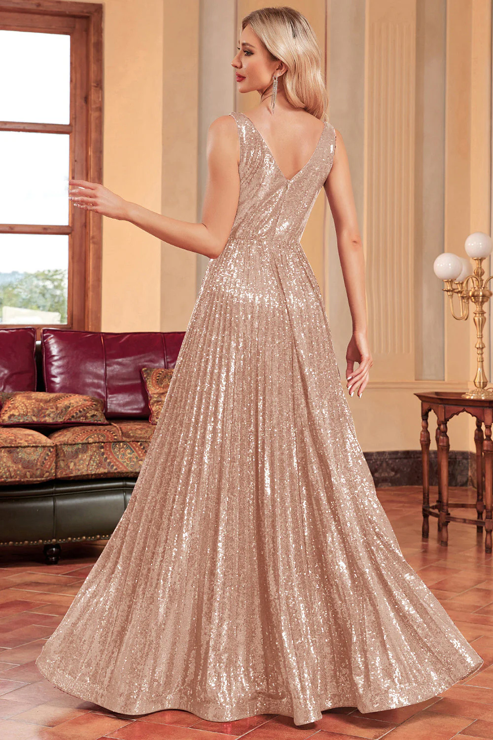 Sparkly A-Line Black V Neck Long Evening Dress with Sequins - Image 7