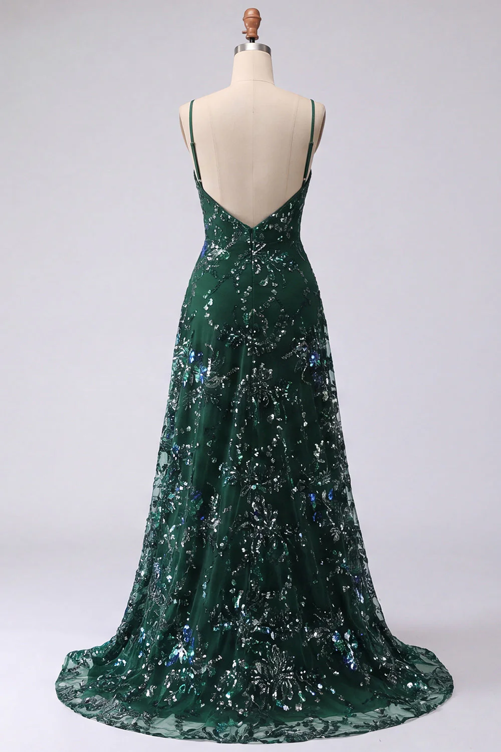 Sparkly A-Line Dark Green Spaghetti Straps Sequin Long Prom Dress - Image 2