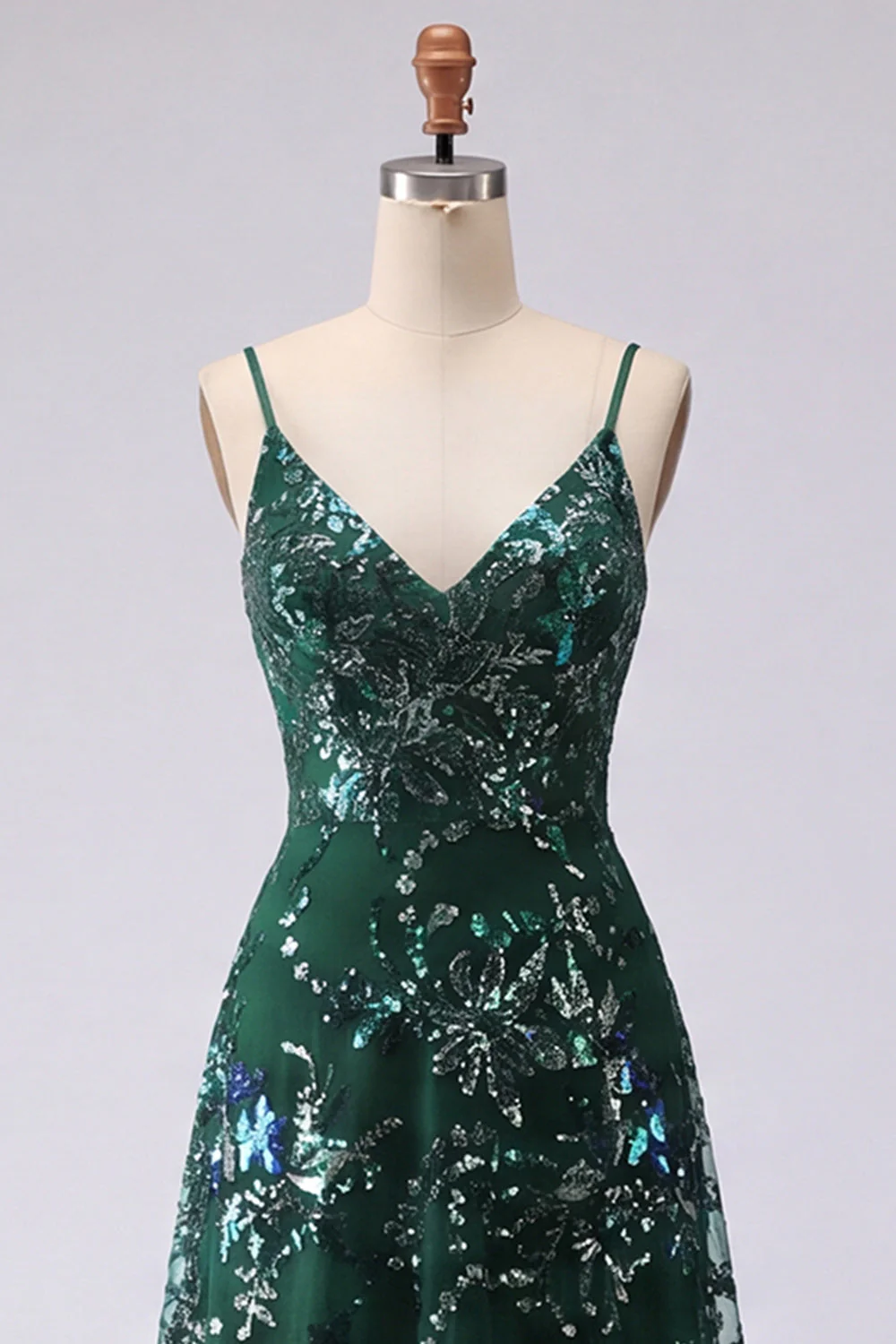 Sparkly A-Line Dark Green Spaghetti Straps Sequin Long Prom Dress - Image 3