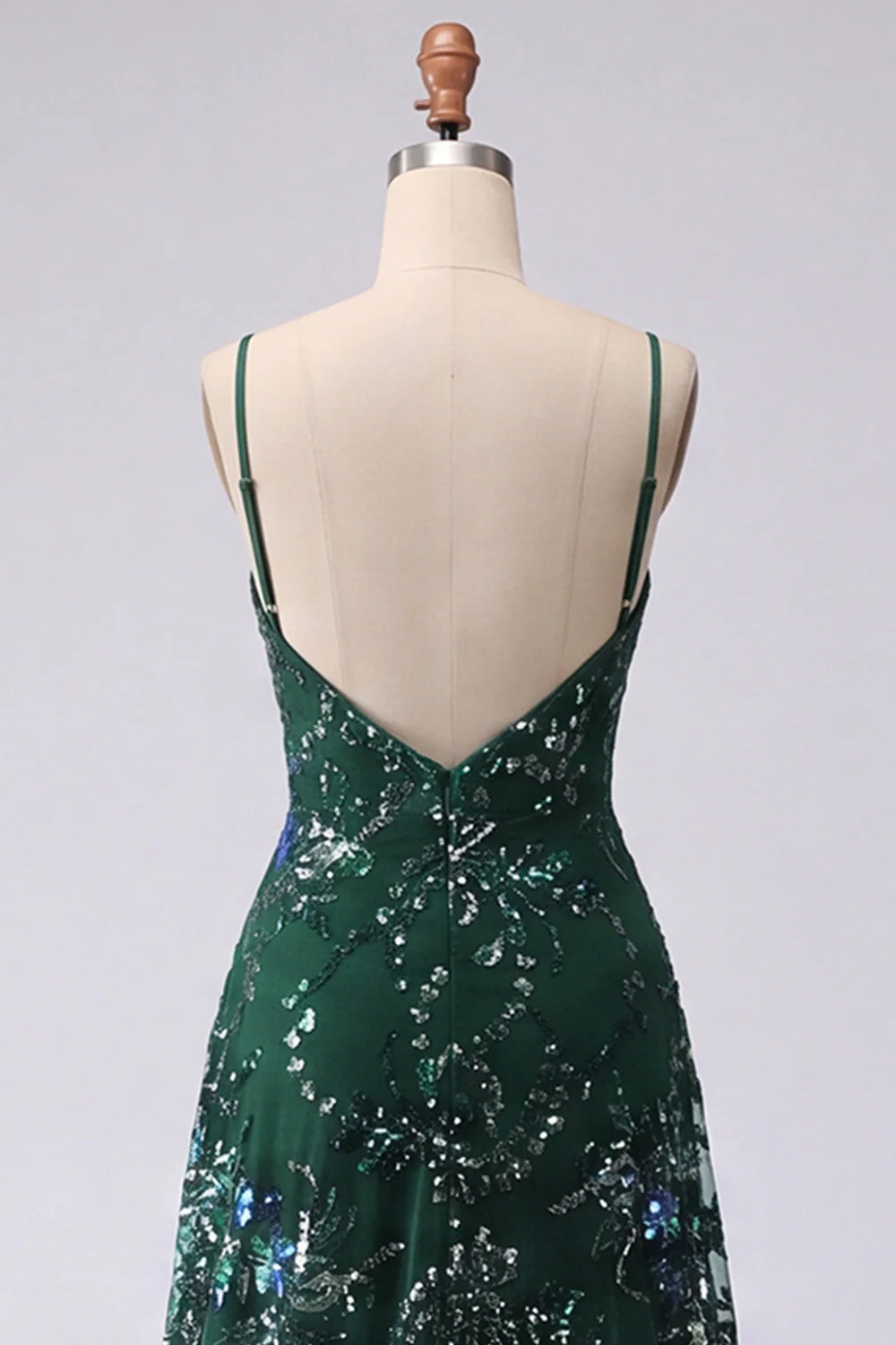 Sparkly A-Line Dark Green Spaghetti Straps Sequin Long Prom Dress - Image 4
