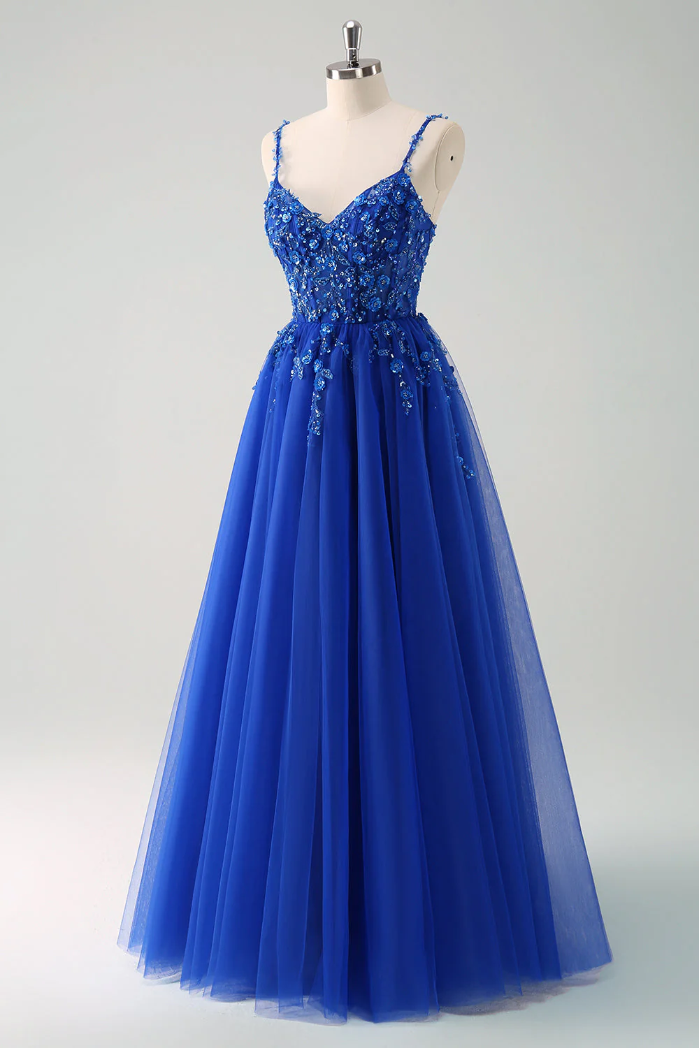 Sparkly A-Line Royal Blue Spaghetti Straps Corset Long Prom Dress - Image 3