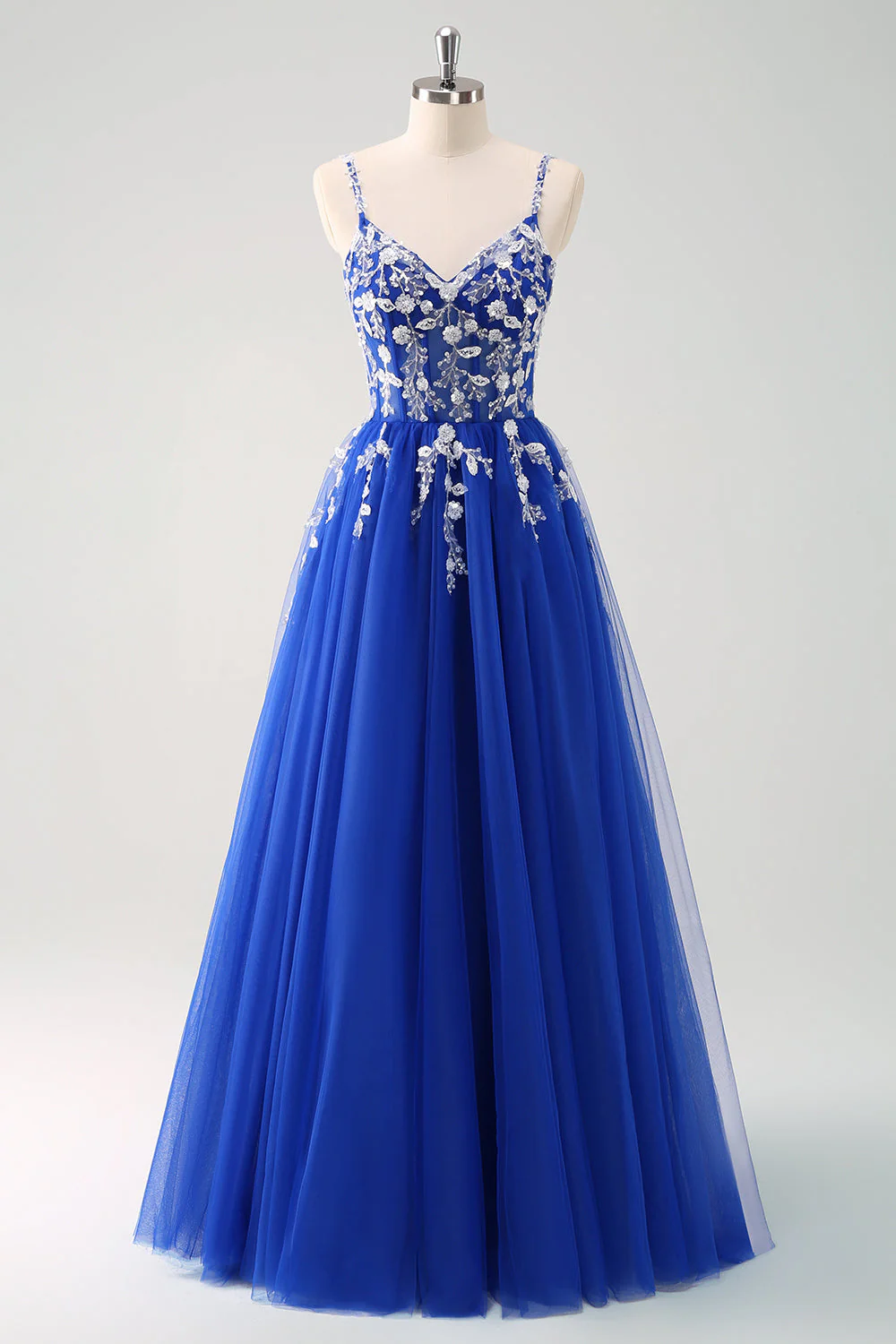 Sparkly A-Line Royal Blue Spaghetti Straps Corset Long Prom Dress - Image 36