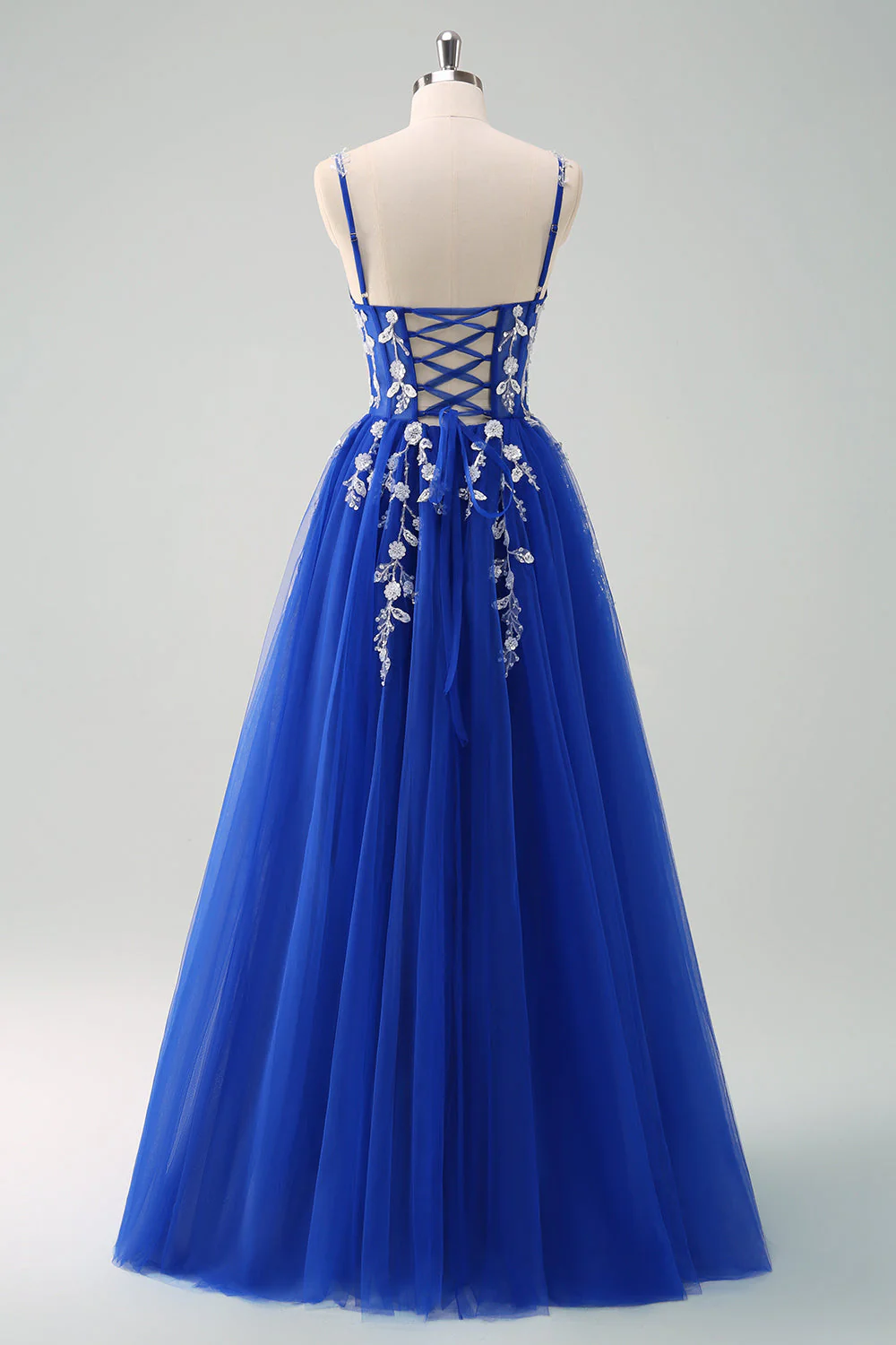 Sparkly A-Line Royal Blue Spaghetti Straps Corset Long Prom Dress - Image 37