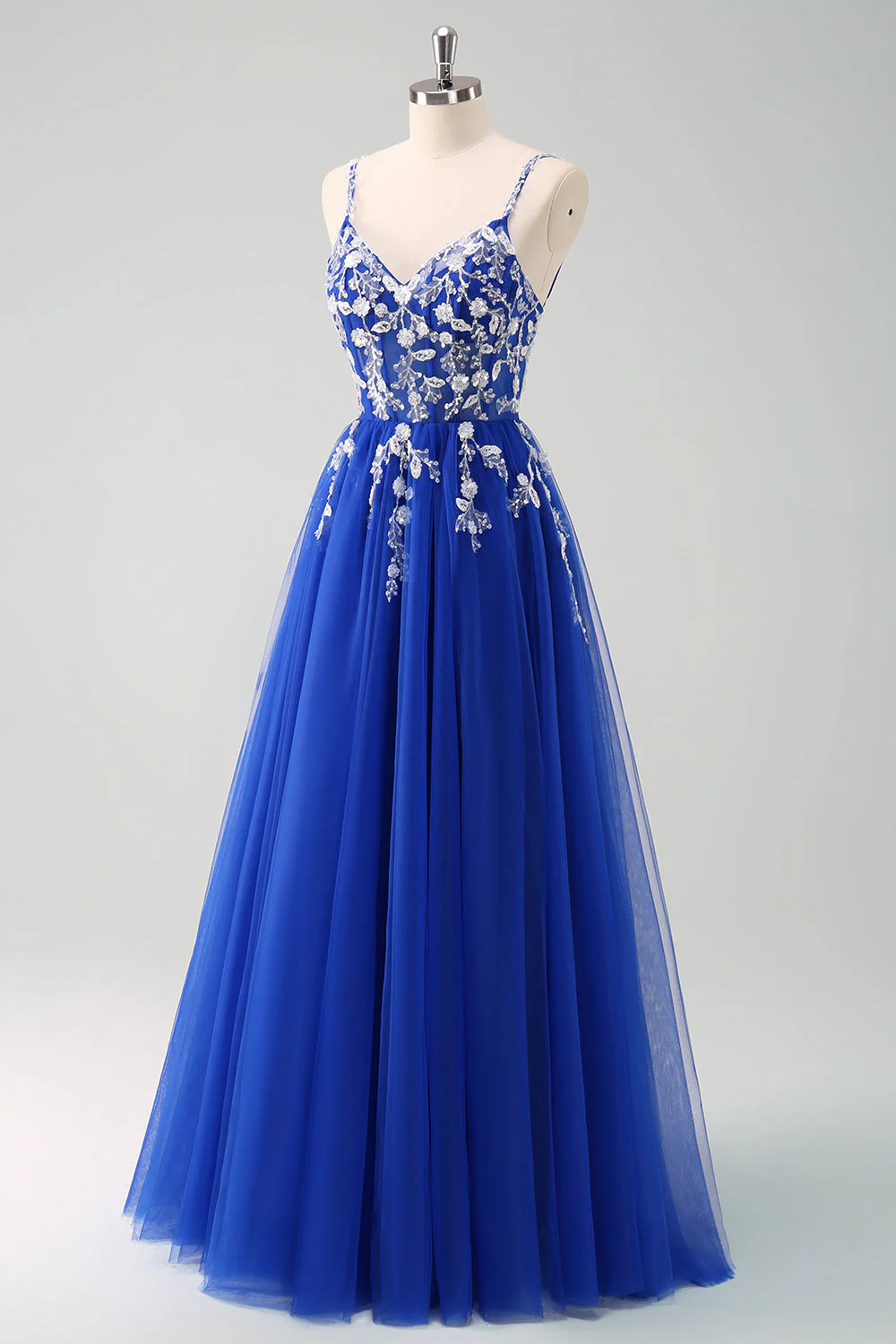 Sparkly A-Line Royal Blue Spaghetti Straps Corset Long Prom Dress - Image 38