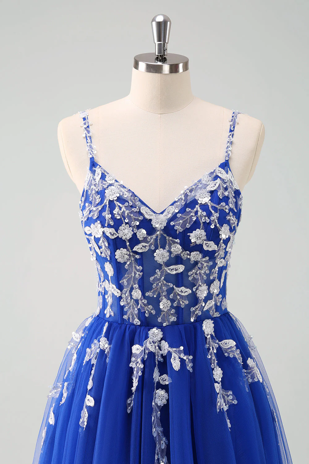 Sparkly A-Line Royal Blue Spaghetti Straps Corset Long Prom Dress - Image 39